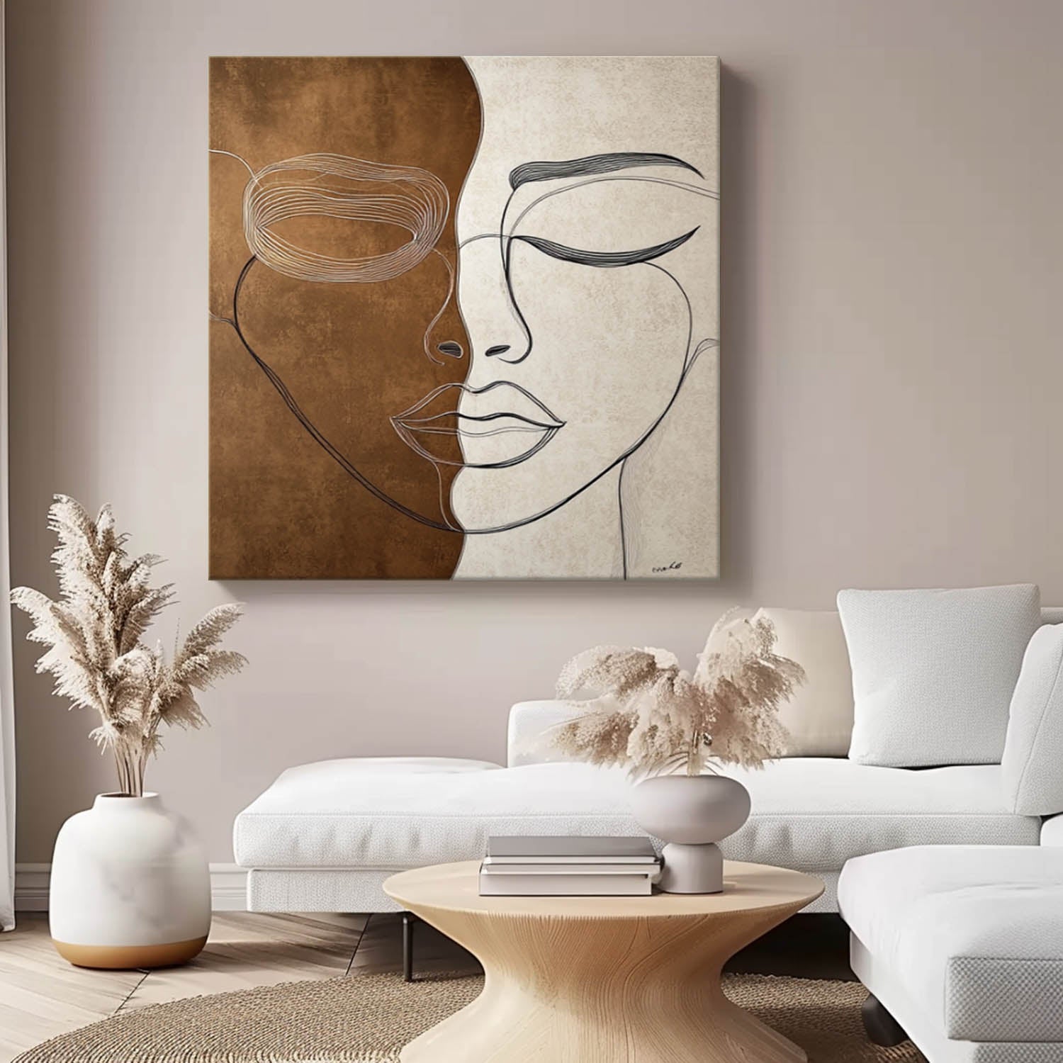 Lady Face Abstract Wall Art Square Original Wabi-sabi Minimalism Portrait Painting Canvas Large Artwork