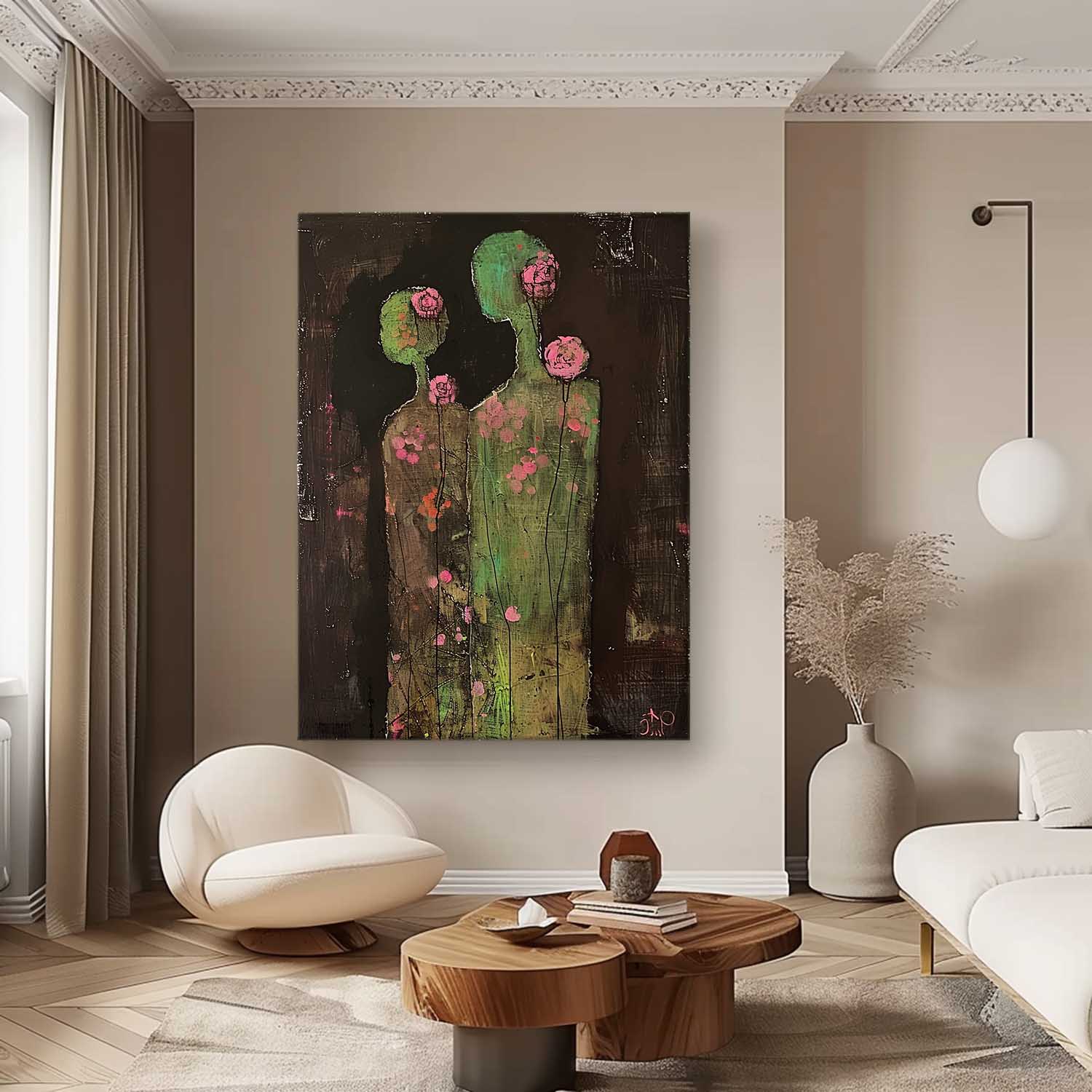 Original Colorful Silhouettes Wall Art Dark Brown Large Flower Figure Painting Abstract Artwork Home Decor