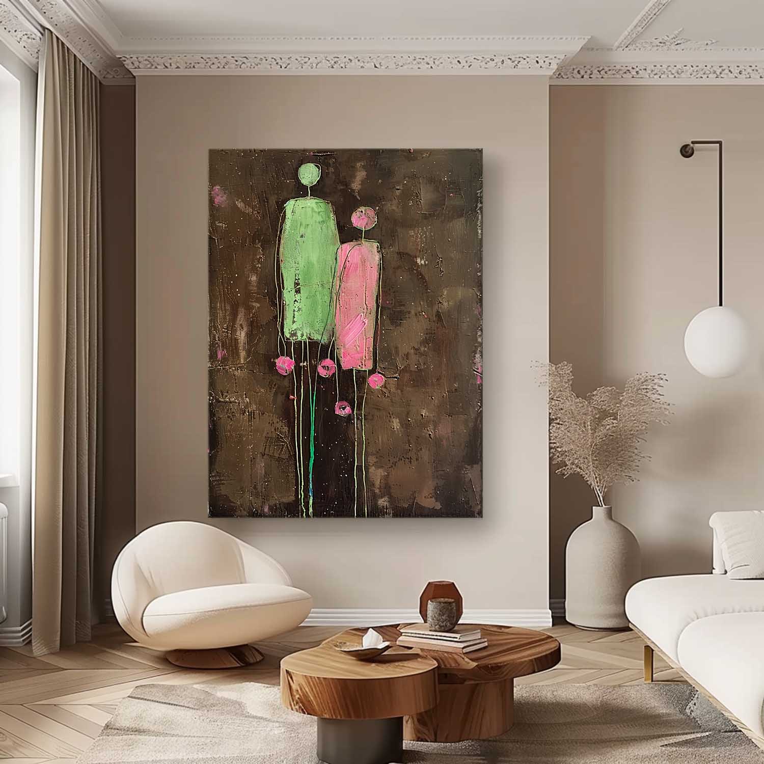 Dark Brown Large Flower Figure Painting Original Green Silhouettes Wall Art Abstract Artwork Framed