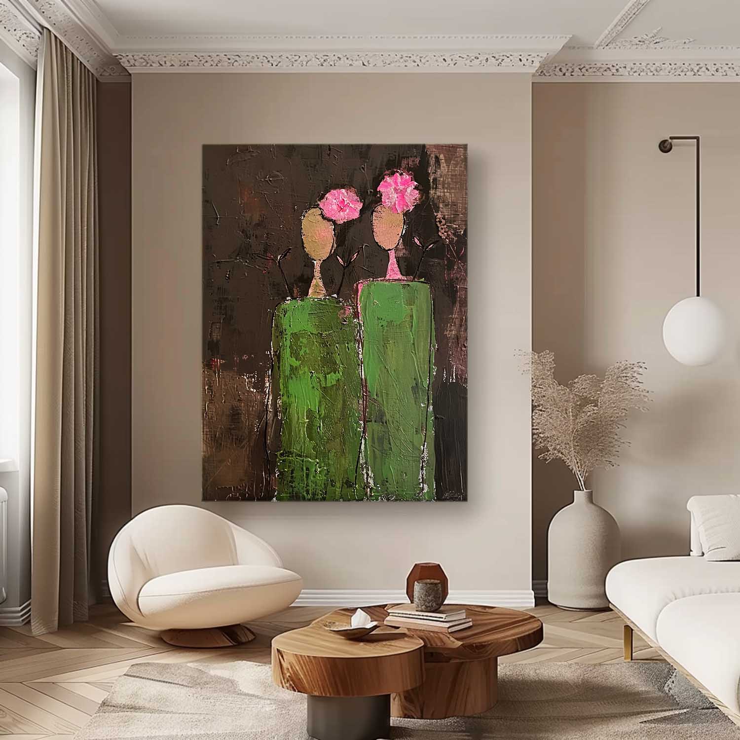 Dark Brown Large Flower Figure Painting Original Green Silhouettes Wall Art Abstract Artwork Home Decor