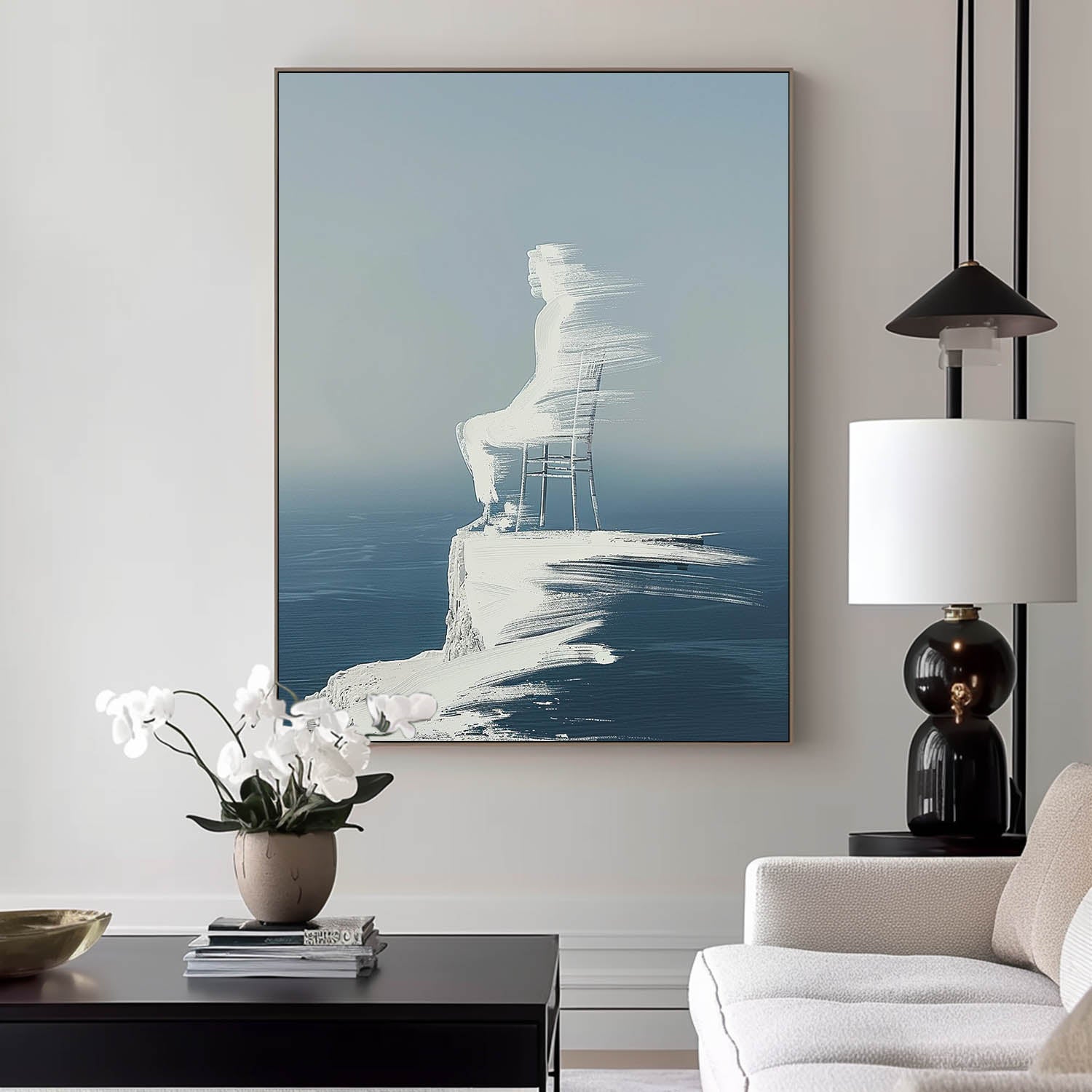 Figure shadow Painting Cool Tones Original Abstract Wall Art Large Outline Acrylic Painting Framed Artwork