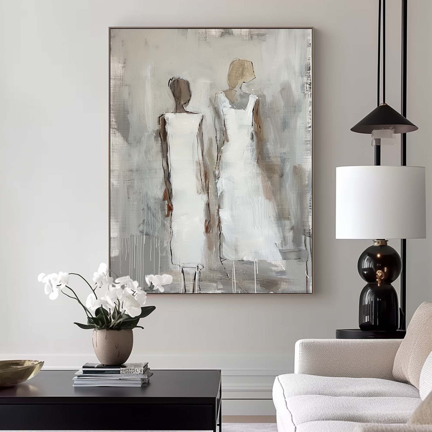 White Large Figure Painting Shadow Abstract Artwork Original Woman Silhouettes Wall Art For Living Room