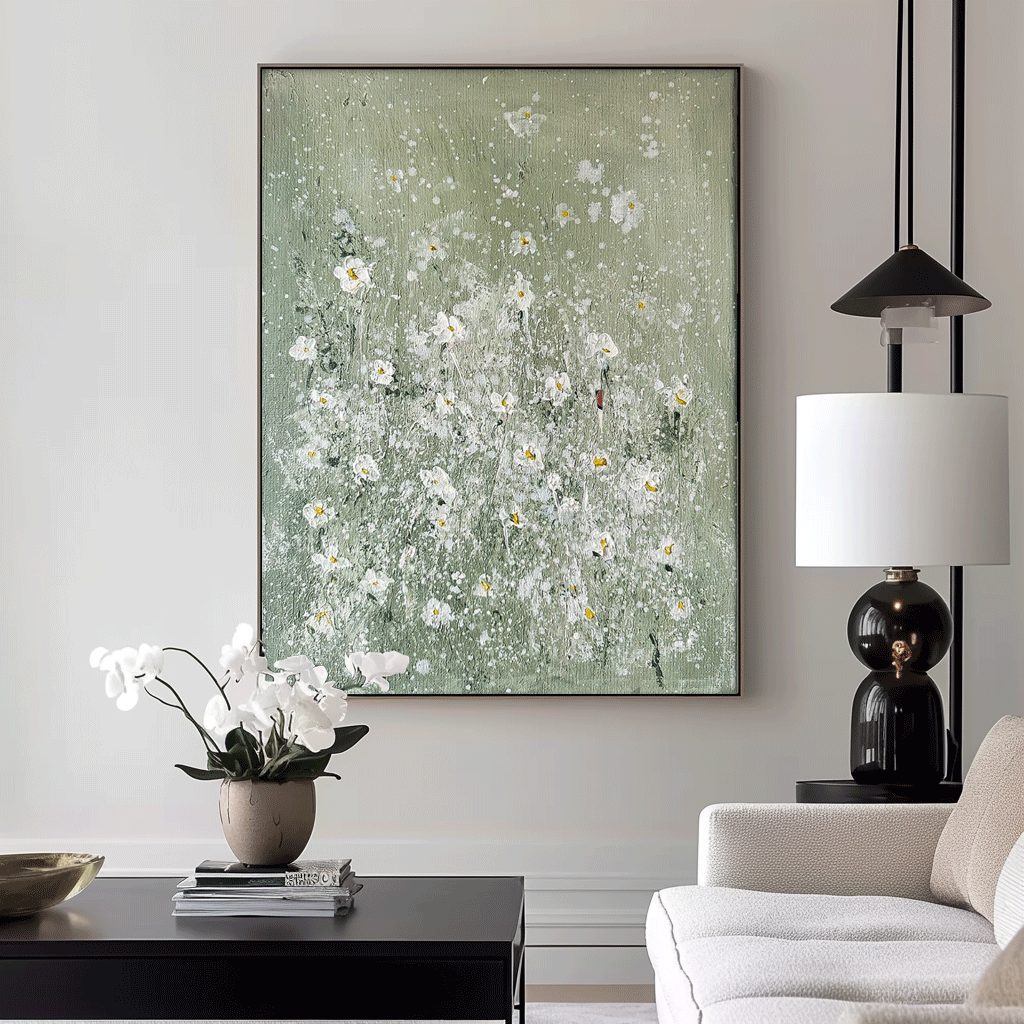 Large Abstract Small White Flower Paintings Modern Paintings Summer Painting Framed Floral Wall Art