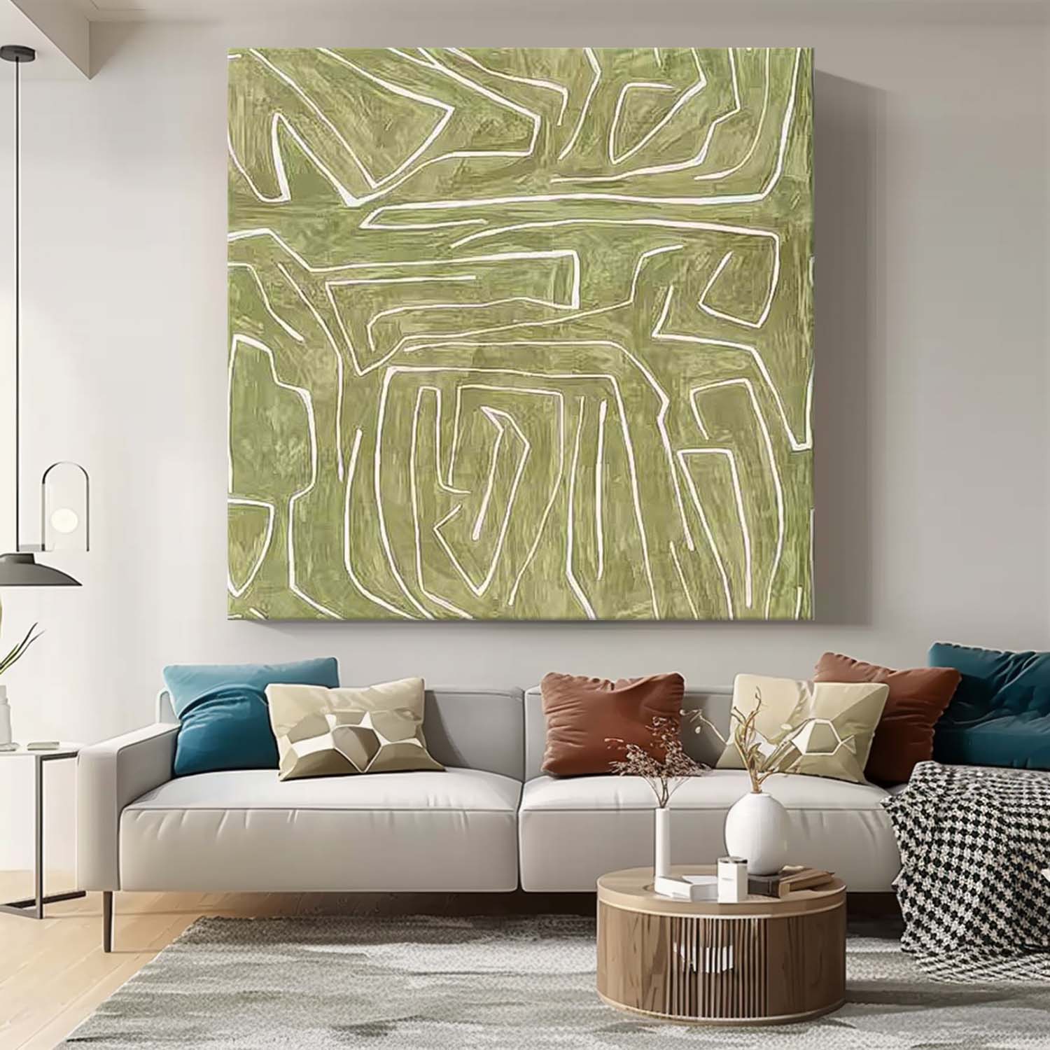 Modern Minimalist Line Canvas Painting Acrylic Large Green Abstract Wall Art Framed For Living Room