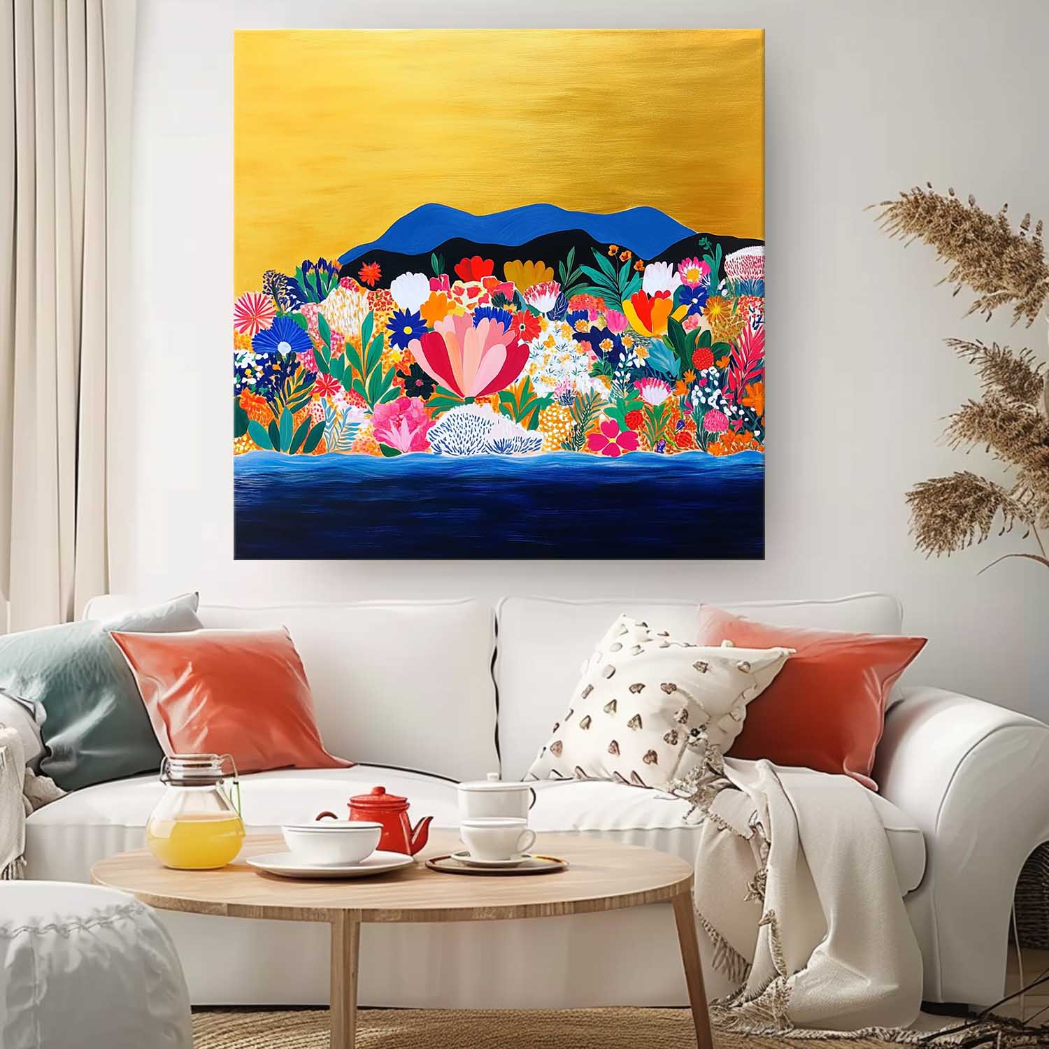 Floral Painting on Canvas Original Flower Bush Botanical Square Artwork Large Illustration style Wall Art