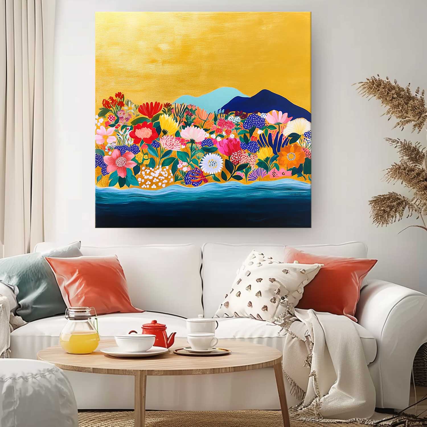 Original Flower Bush Botanical Square Artwork Floral Painting on Canvas Large Illustration style Wall Art