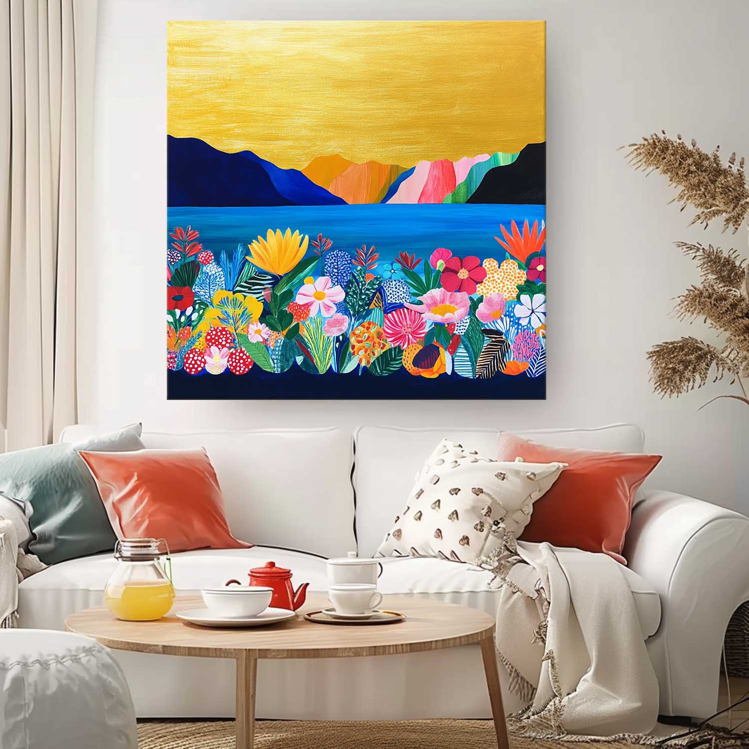 Floral Painting on Canvas Large Illustration style Wall Art Original Flower Bush Botanical Square Artwork