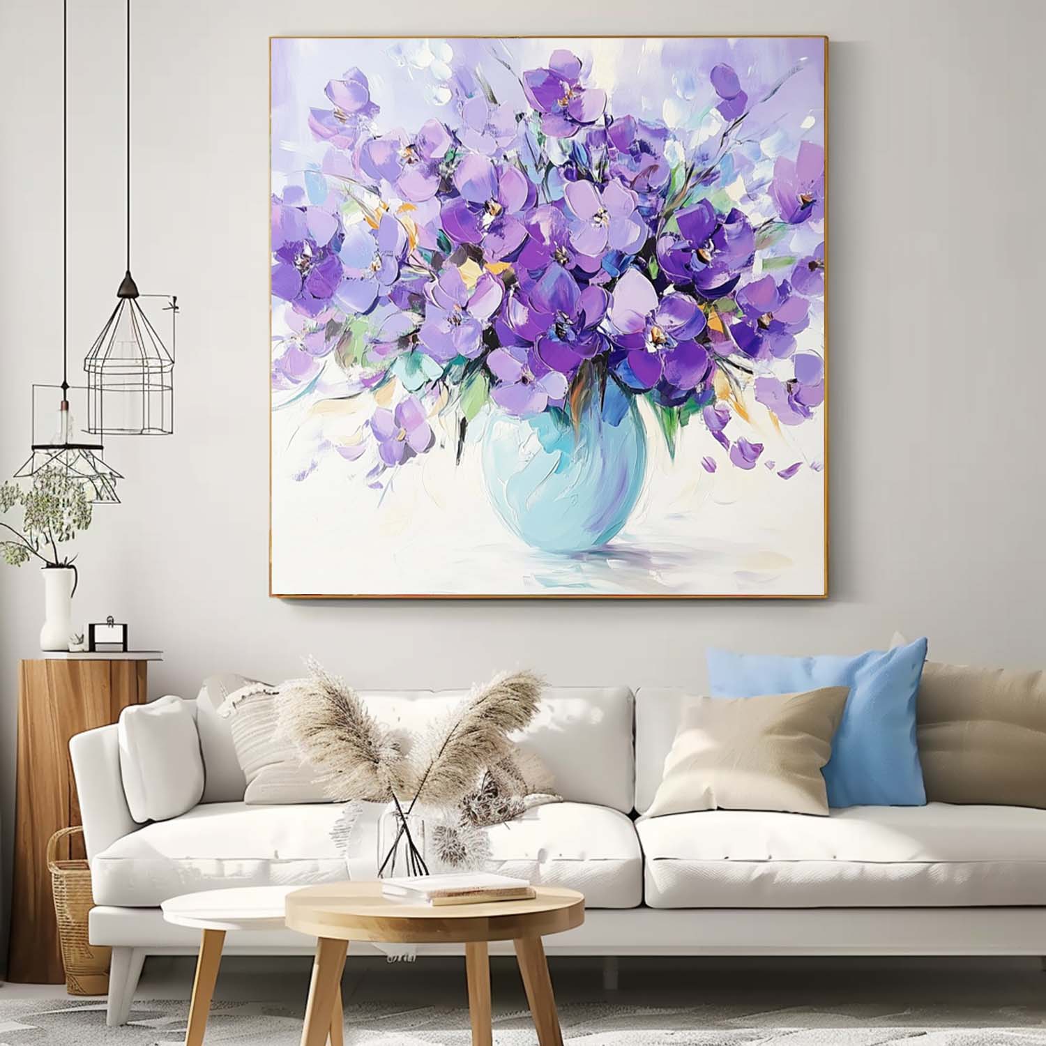 Large Purple Textured Flower Painting Modern Floral Wall Art Original Exquisite Vase Art For Living Room