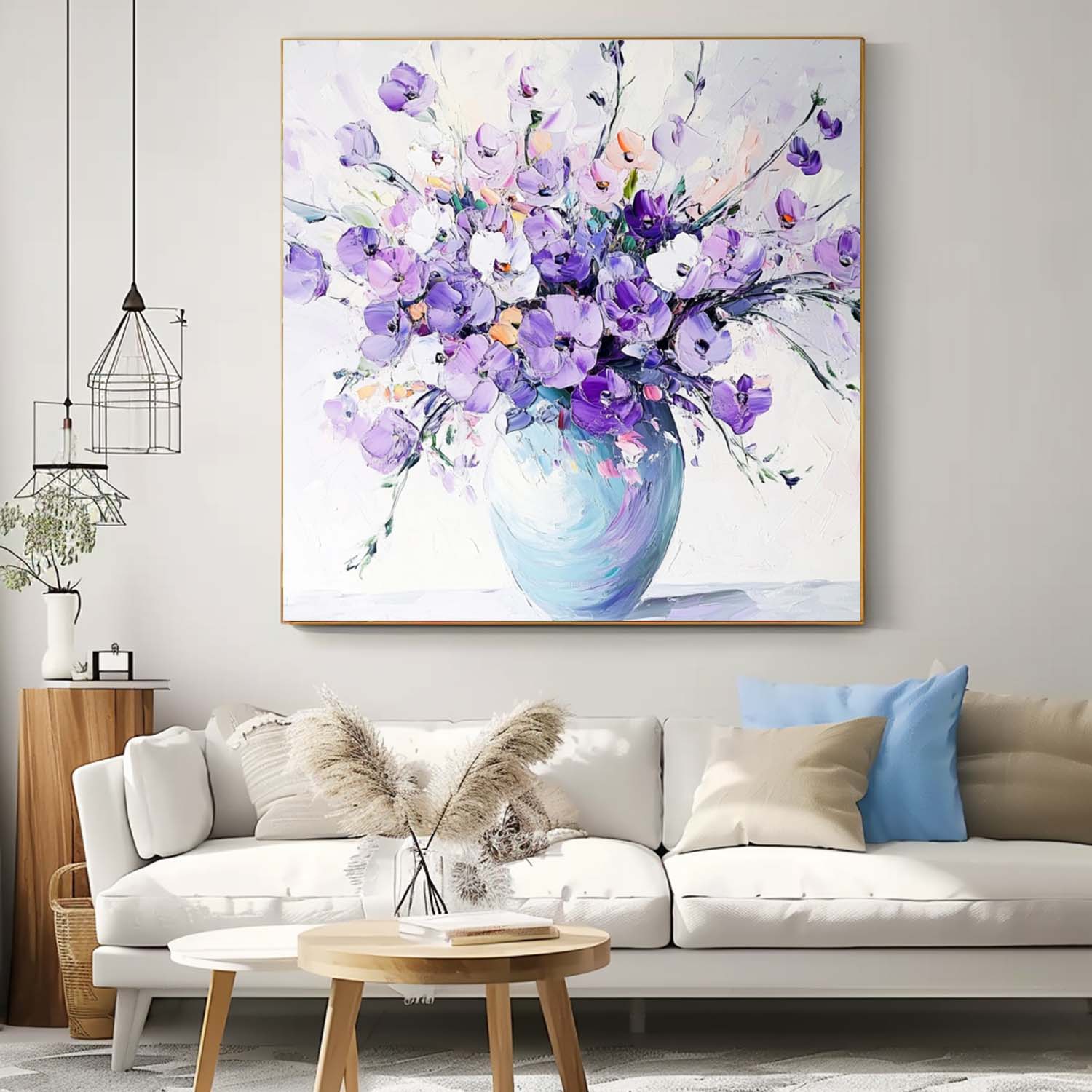 Original Exquisite Vase Art Large Purple Textured Flower Painting Modern Floral Wall Art For Living Room