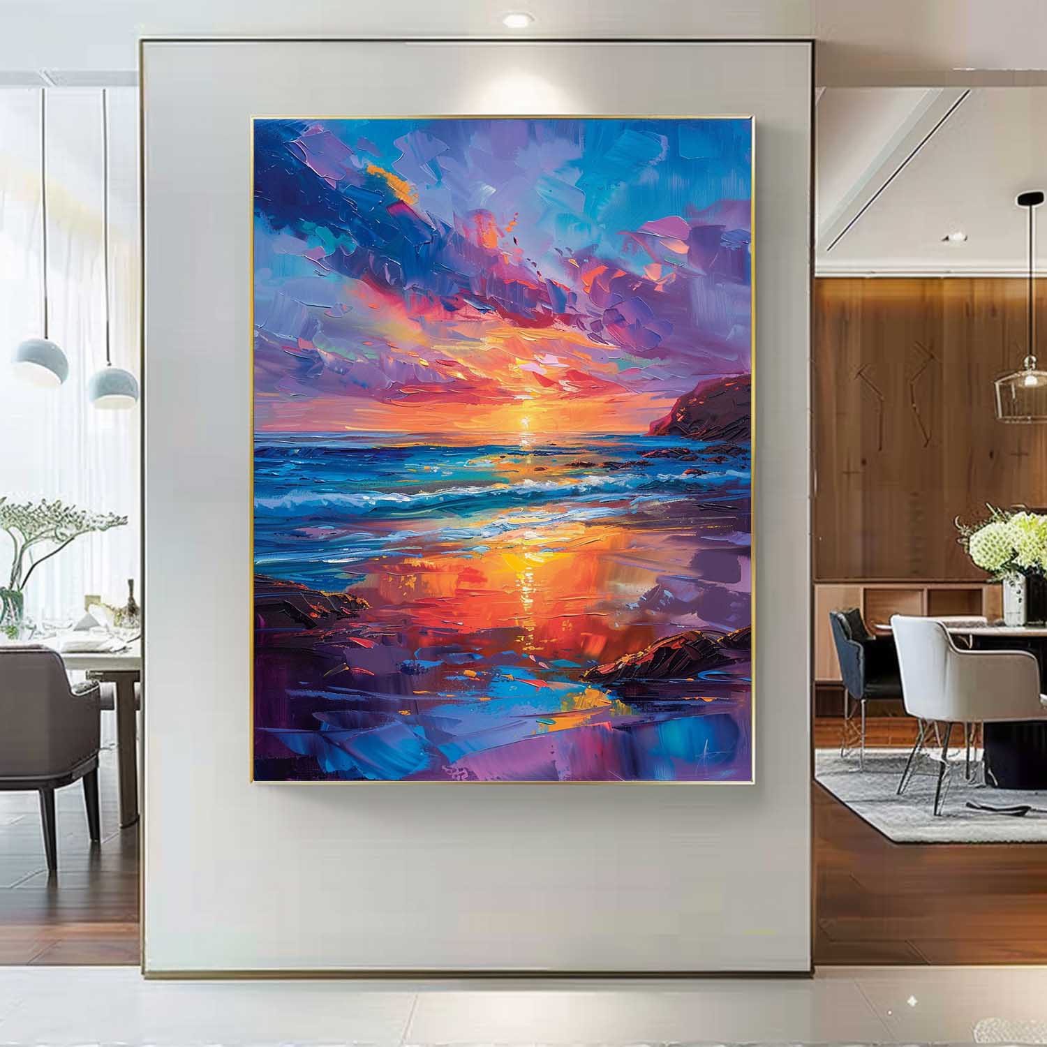 Colorful Original Abstract Beach Oil Painting On Canvas Large Ocean Wall Art Texture Sunset Artwork Home Decor