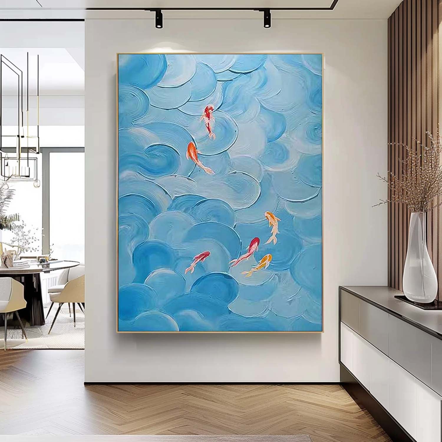 Warm Blue Large Contemporary Koi Acrylic Painting On Canvas Abstract Goldfish Oil Painting Original Artwork Decor