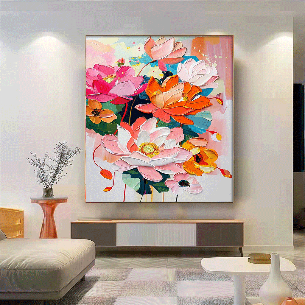 Abstract Colorful Lotus Flower Oil Painting on Canvas Big Original Texture Flowers Artwork Framed