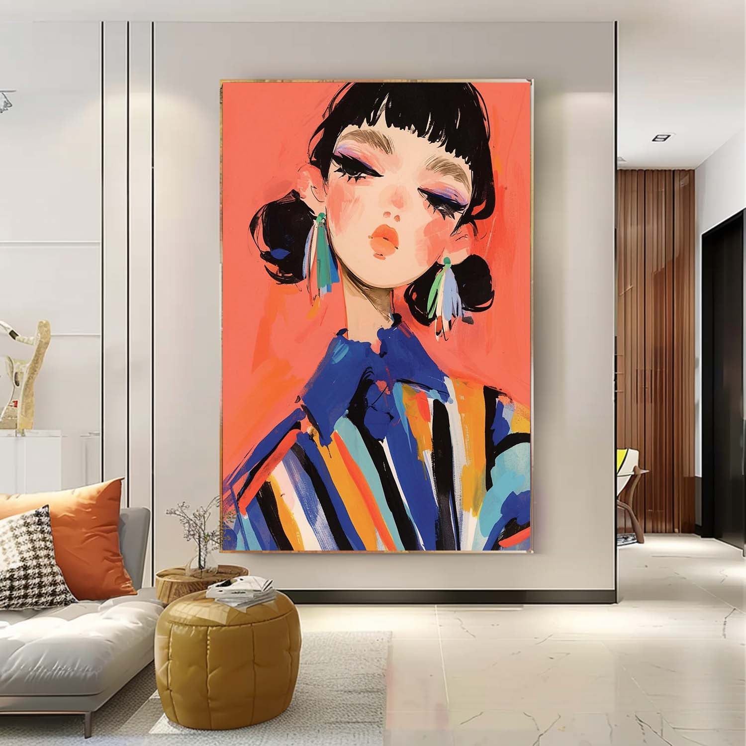 Cute Girl Original Abstract Wall Art Big Fgure Acrylic Painting Cartoon Character Painting Framed Artwork
