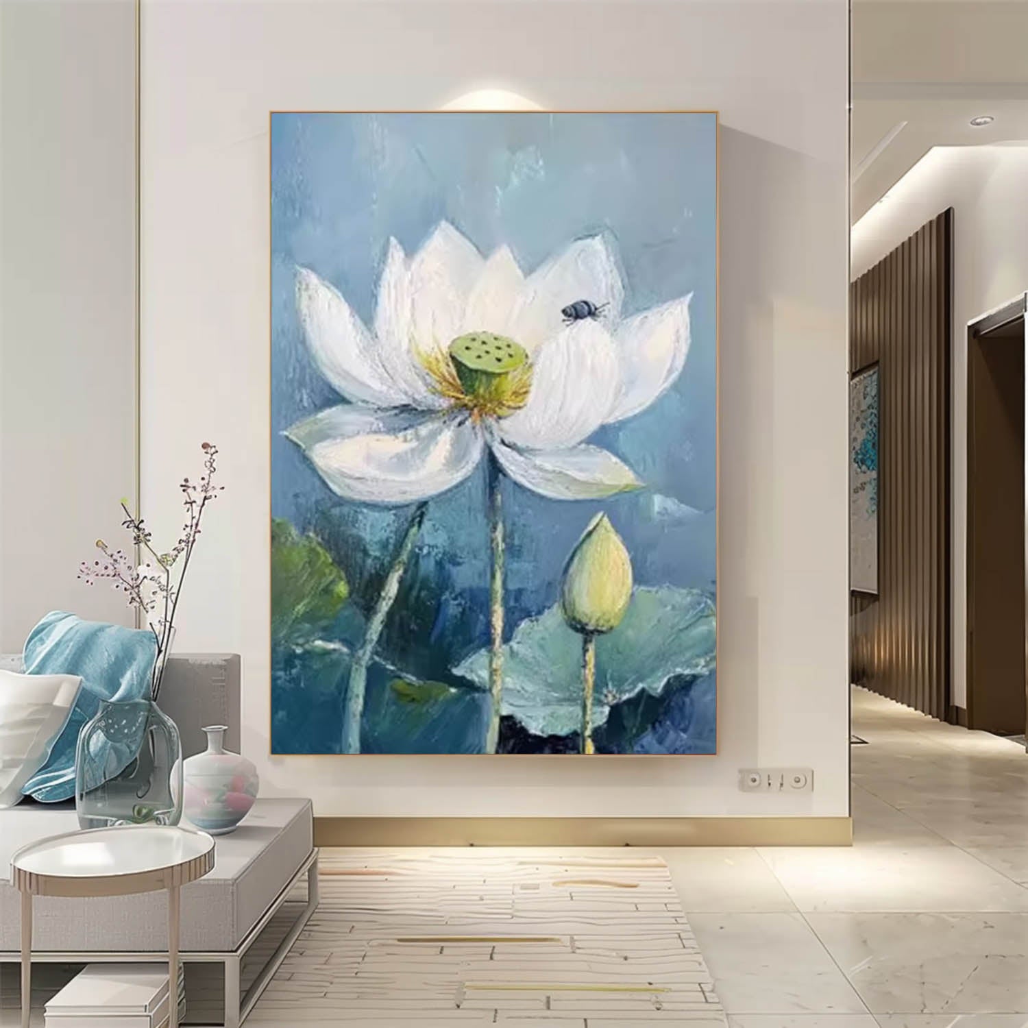 Big Original Texture Beautiful Blue Flowers Artwork Abstract Lotus Flower Oil Painting On Canvas Framed