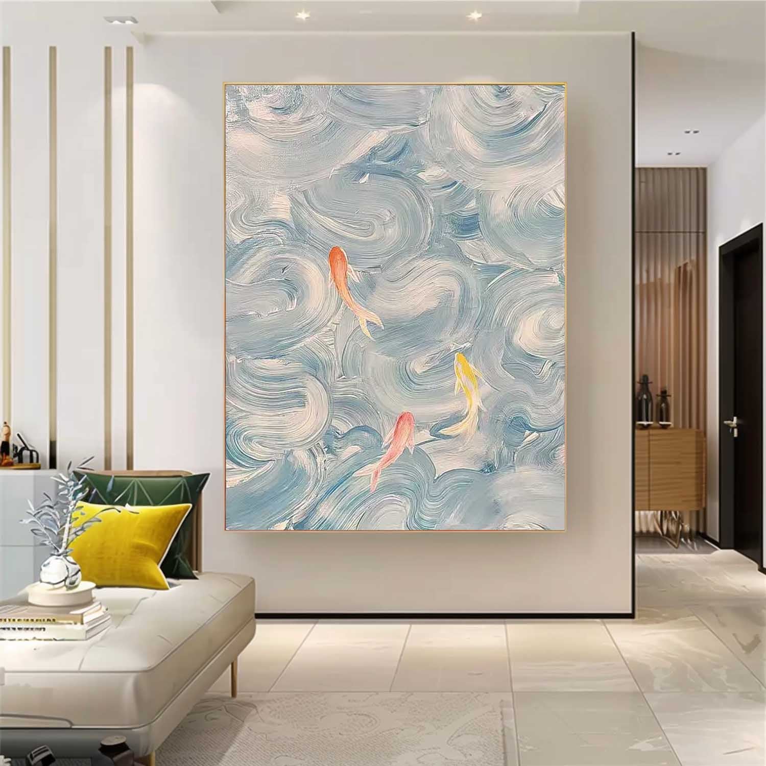 Bright Blue Large Contemporary Acrylic Painting On Canvas Abstract Goldfish Oil Painting Original Artwork Decor