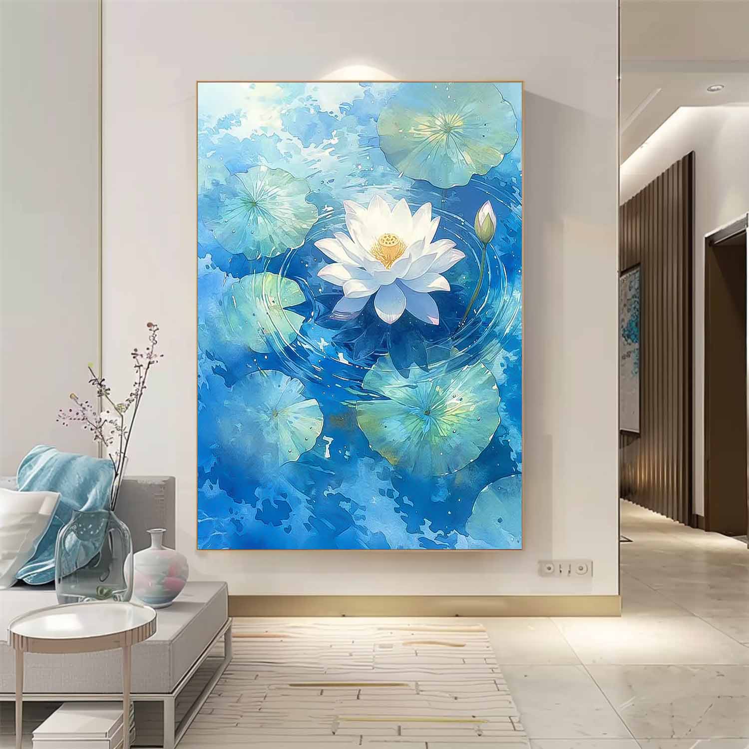 Abstract Lotus Flower Oil Painting On Canvas Big Original Texture Beautiful Blue Artwork Framed Home Decor