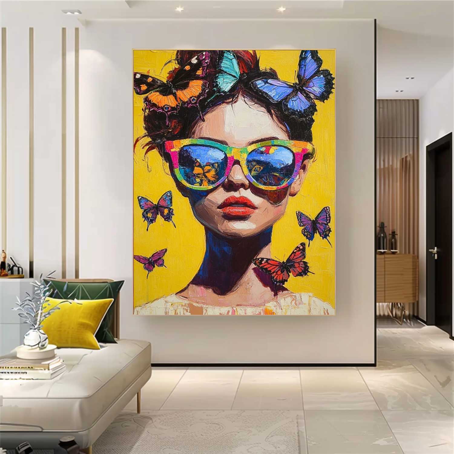 Lady Modern Artwork Abstract Butterfly Oil Painting On Canvas Vibrant Yellow Original Texture Girl Wall Art