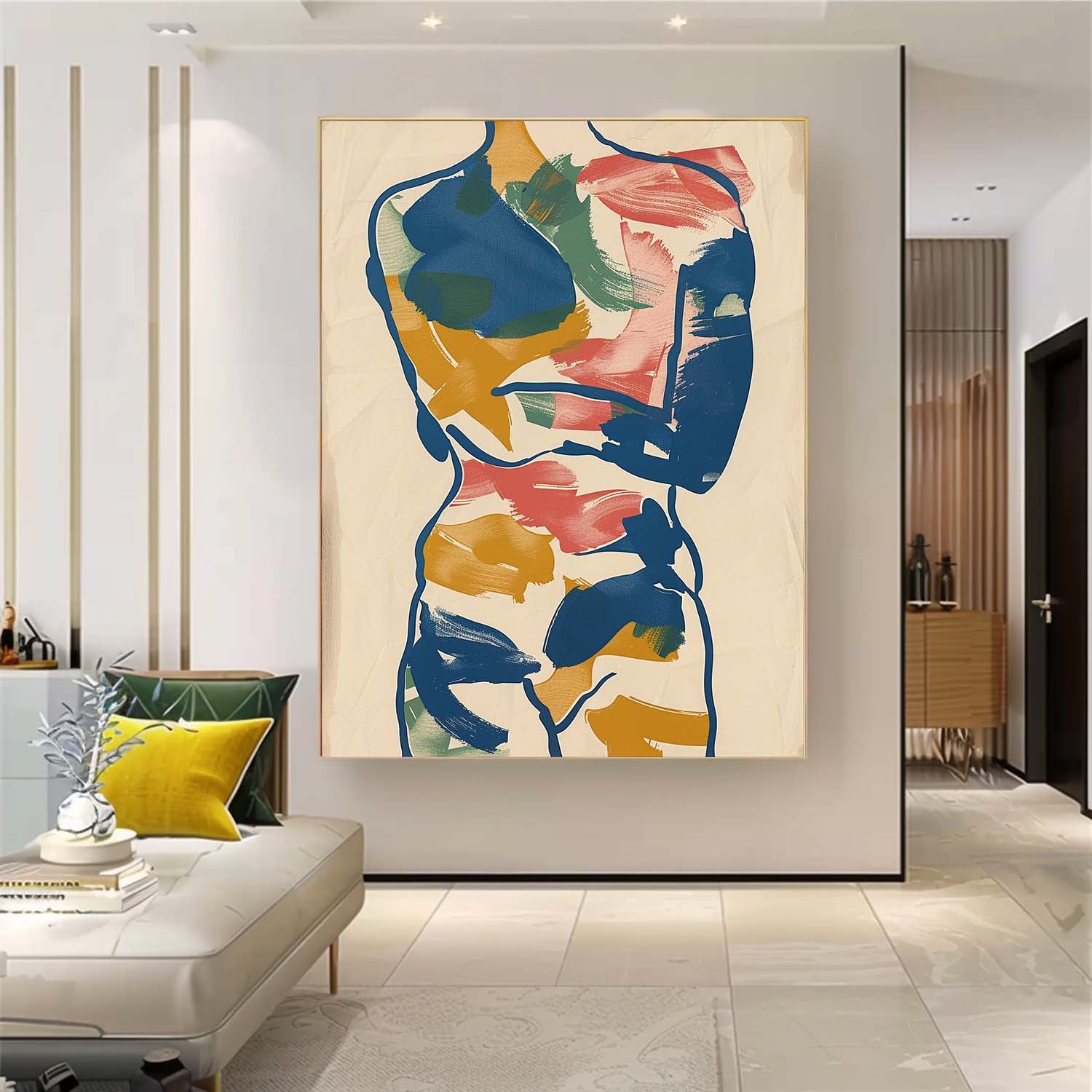 Vibrant Boho Original Abstract Color Body Line Outline Wall Art Figure Contour Acrylic Painting Minimalism Artwork