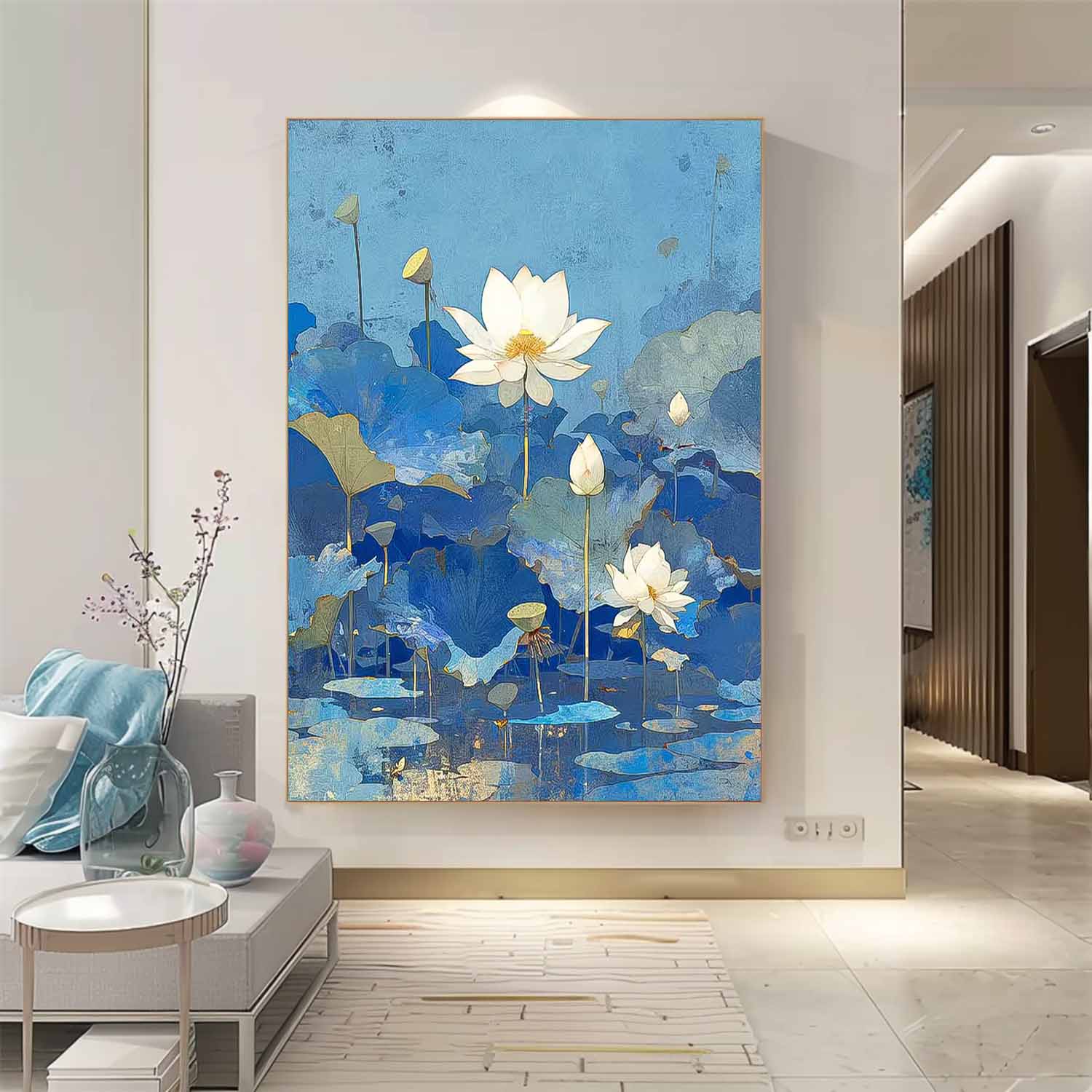 Abstract Lotus Flower Oil Painting On Canvas Big Original Texture Beautiful Blue Flowers Artwork Framed