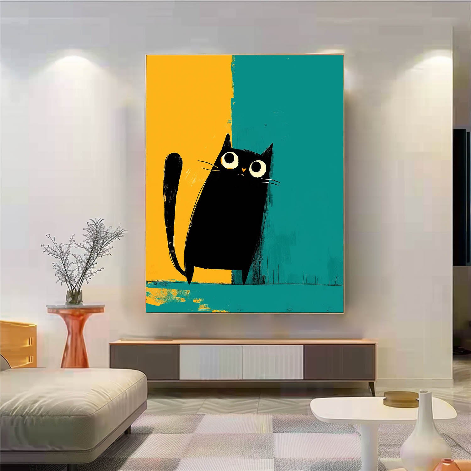 Vibrant Yellow And Green Oil Painting Modern Black Cat Animal Oil Painting Impressionist Kitty Wall Art