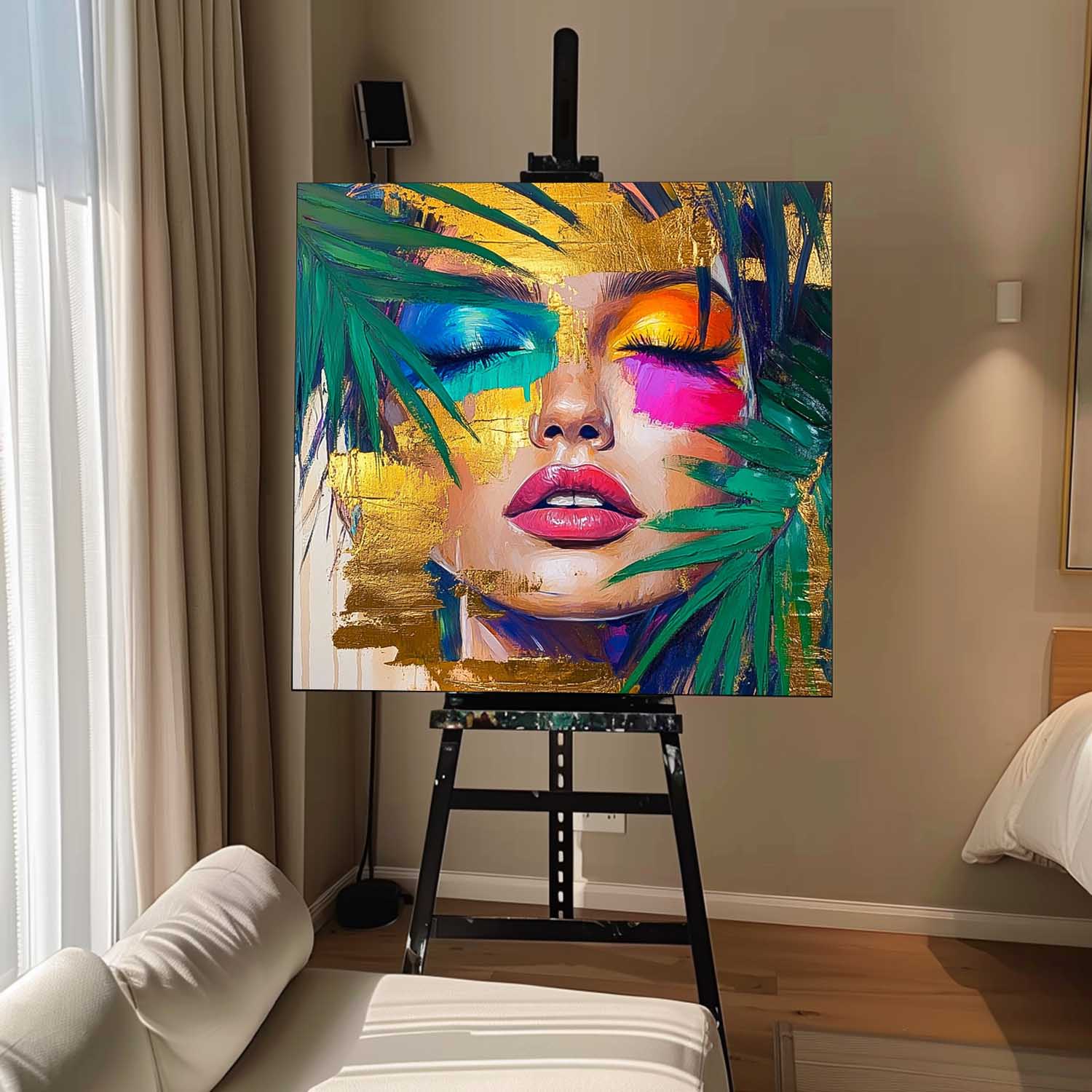 Square Large Woman Portrait Artwork Beautiful Girl Abstract Wall Art Origina Lady Acrylic Painting Canvas