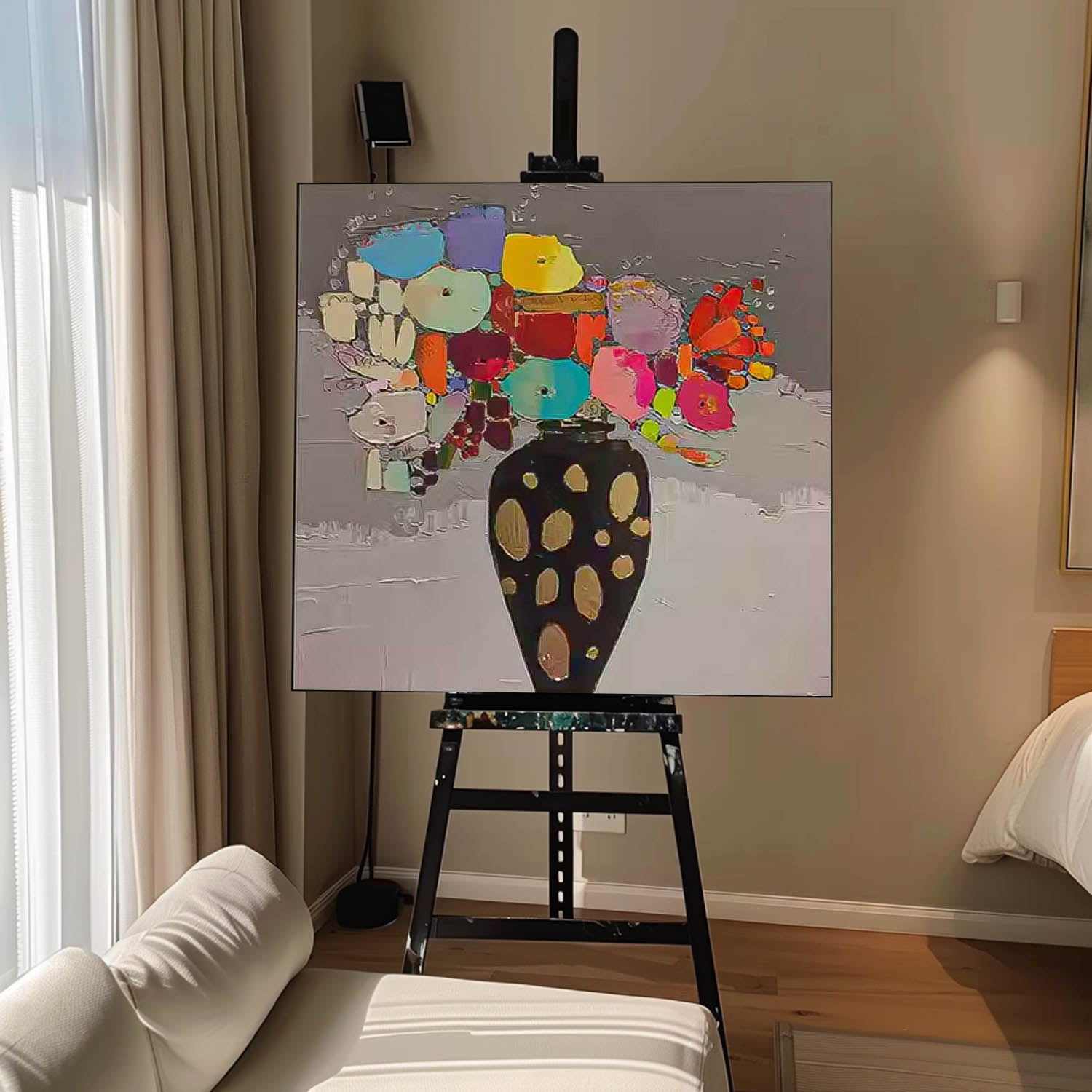 Large Abstract Vase Paintings Square Contemporary Colorful Stone Flower Paintings Spring Painting Framed