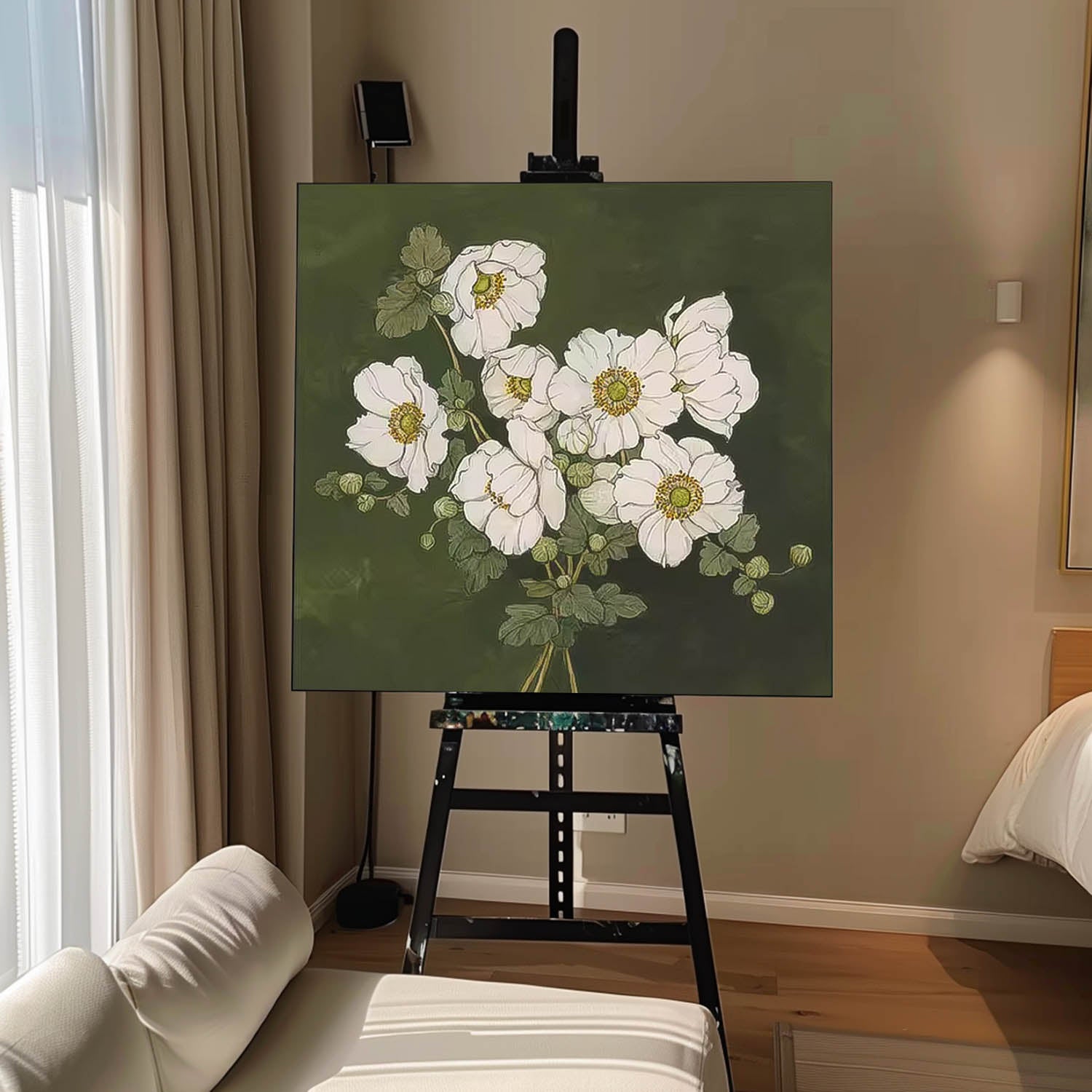 Large Abstract Daisy Flowers Paintings Square Contemporary Flower Paintings Wall Art Green Artwork