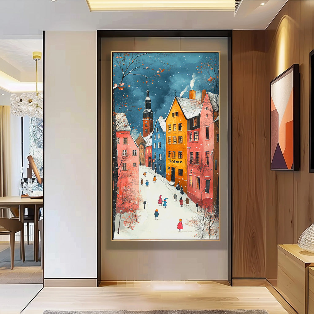 Original Winter Color Architectural Landscape Oil Painting Large Wall Art Abstract Scenery Painting Home Decot