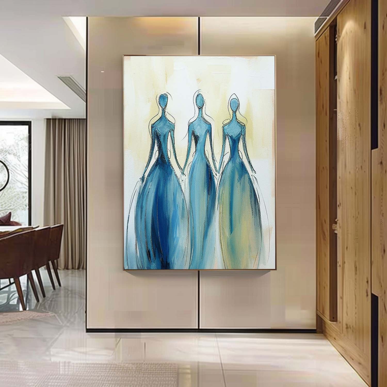 Modern Blue Minimal Abstract Painting Figure Neutral Wall Decor Line Contemporary Gallery Wall Art