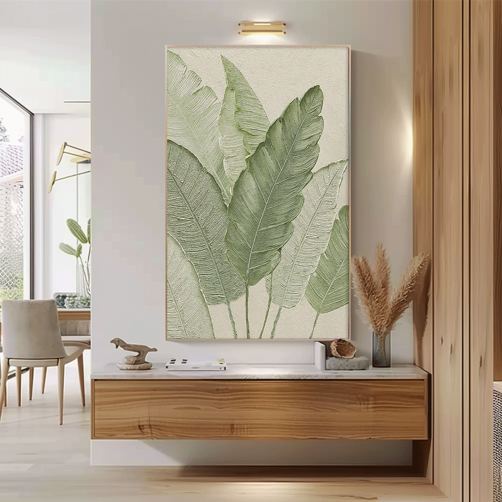 Large Thick Texture Abstract Green Leaf Paintings Modern Leaf Paintings Summer Painting Framed Wall Art