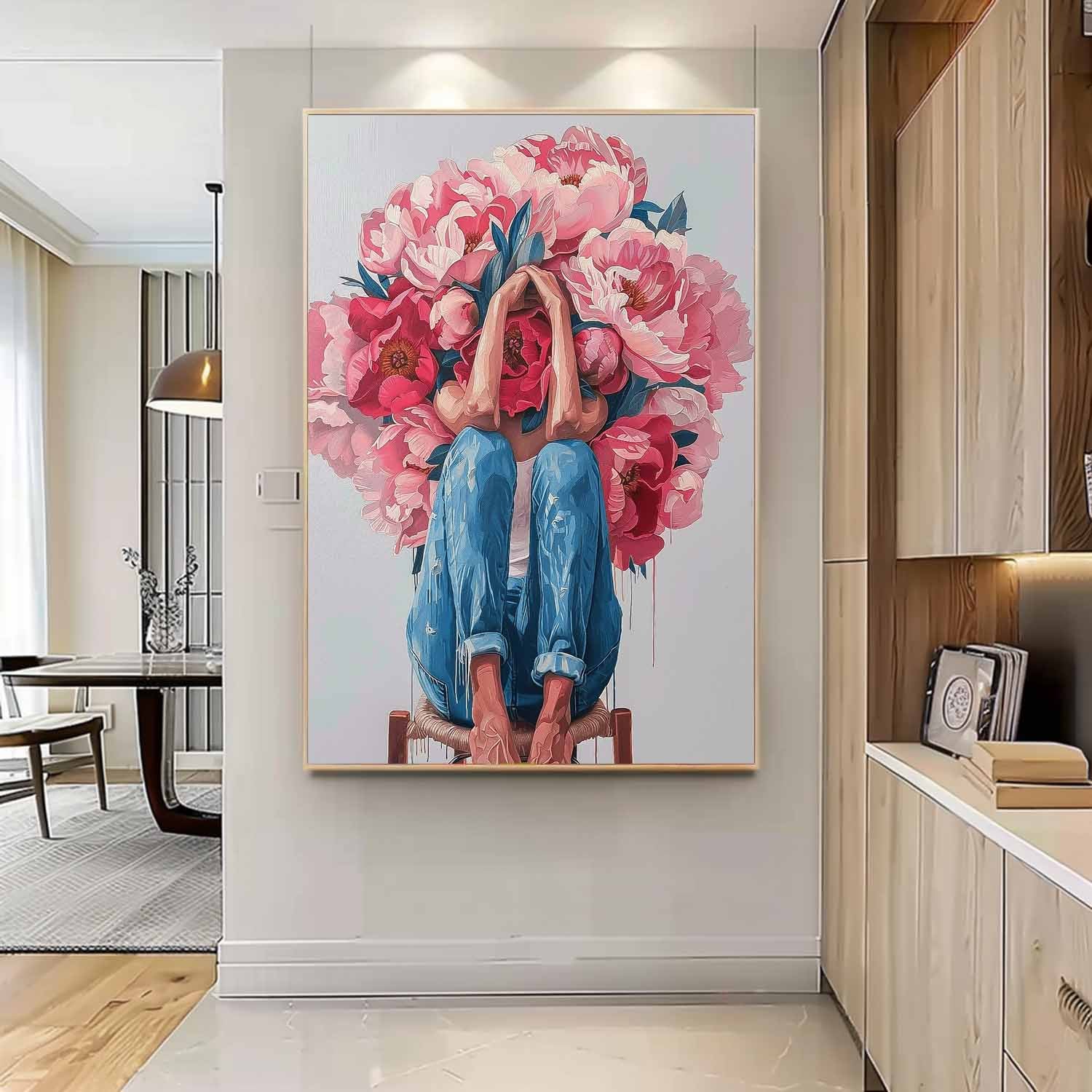 Original Wall Art Abstract beautiful Peony Painting Colorful Faceless Artwork Large Portrait Painting Home Decor