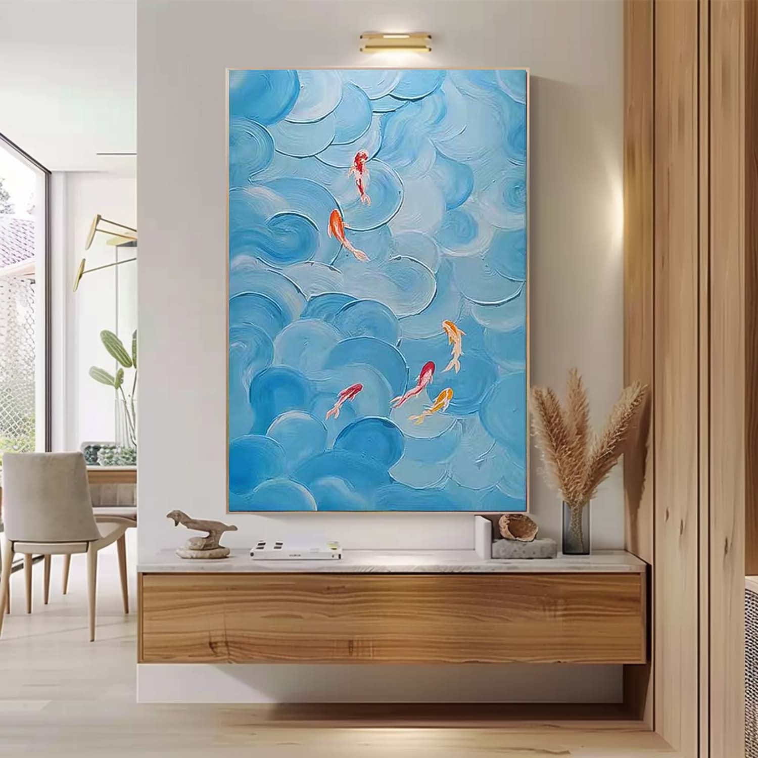 Warm Blue Large Contemporary Koi Acrylic Painting On Canvas Abstract Goldfish Oil Painting Original Artwork Decor