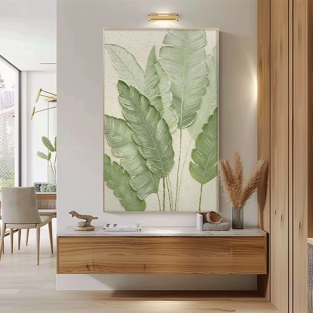 Contemporary Leaf Paintings Summer Painting Framed Large Thick Texture Abstract Green Leaf Paintings Wall Art