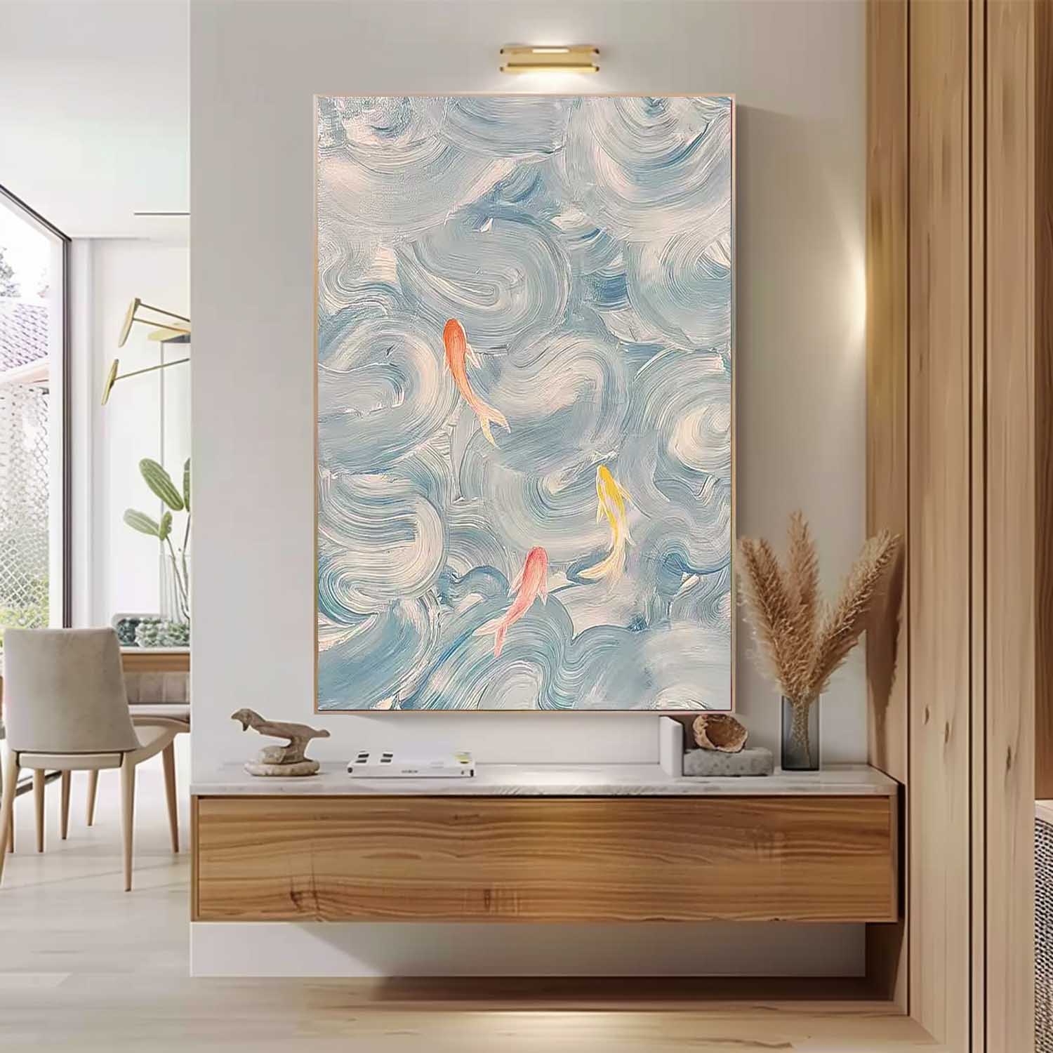 Bright Blue Large Contemporary Acrylic Painting On Canvas Abstract Goldfish Oil Painting Original Artwork Decor