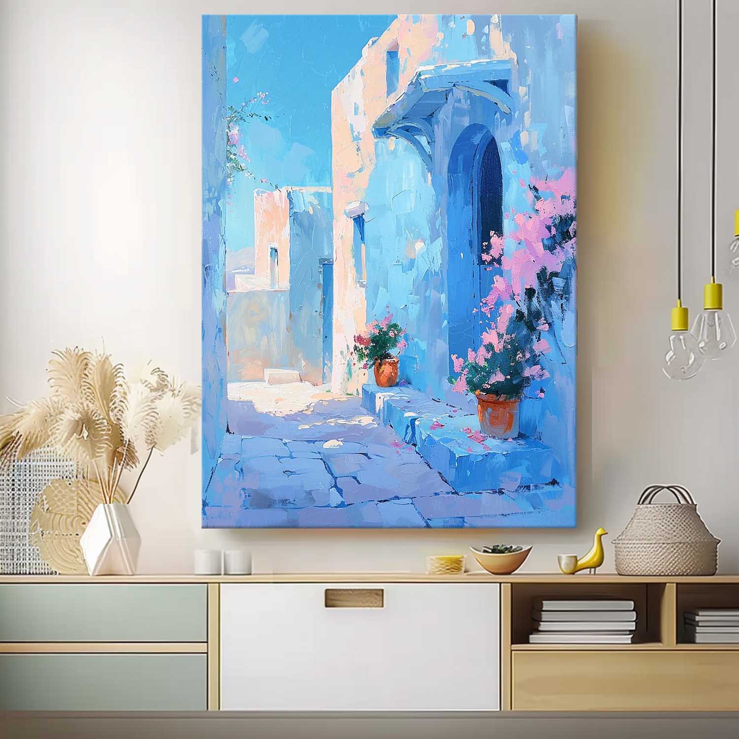 Large Alley Wall Art Original Modern Oil Painting On Canvas Dreamy Blue Building Abstract House Art Home Decor