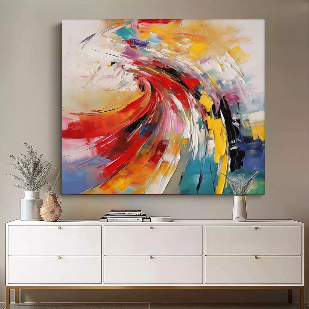 Bright Modern Abstract Canvas Painting Big Texture Colorful Abstract Wall Art Framed For Living Room