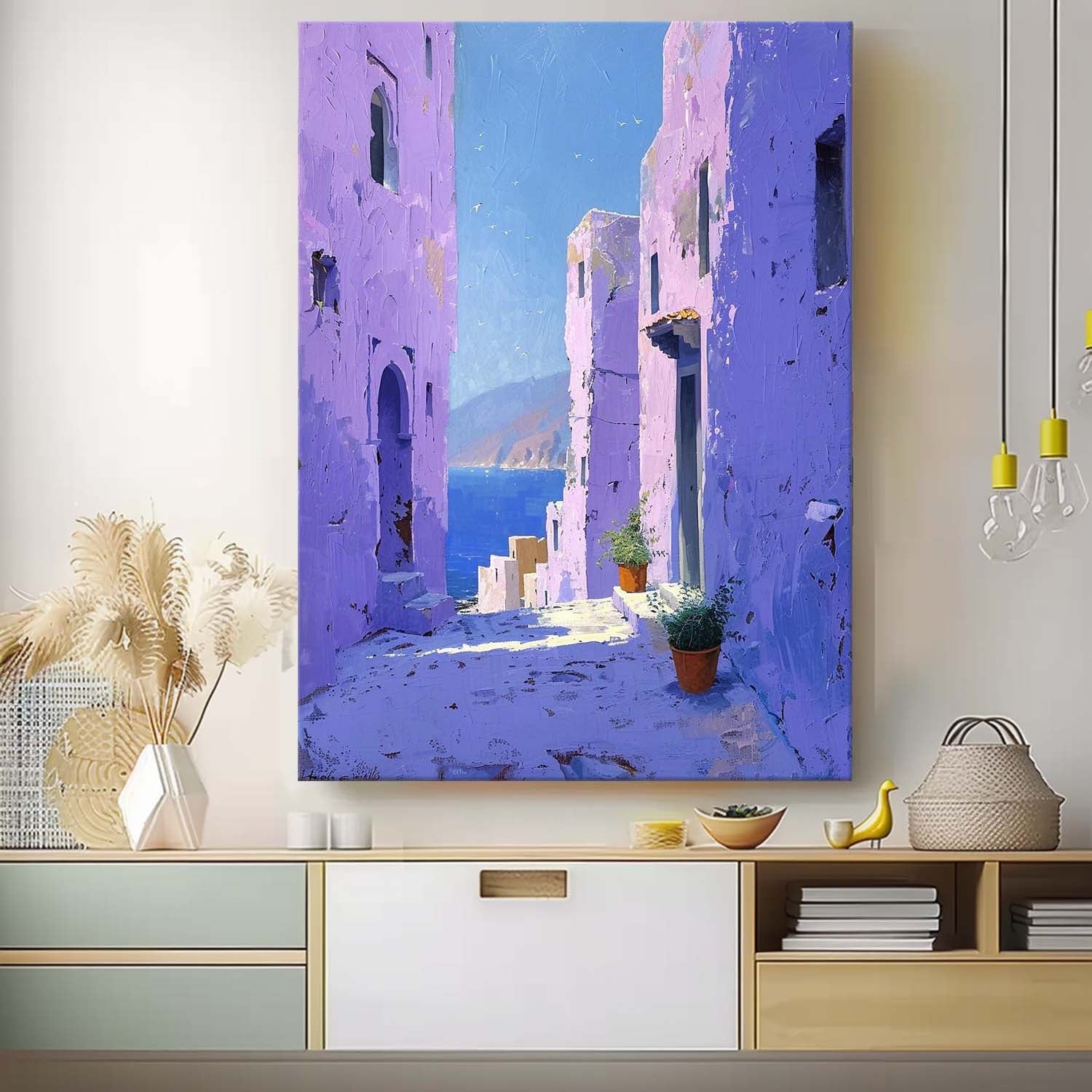 Dreamy Purple Building Large Alley Wall Art Original Modern Oil Painting On Canvas Abstract House Art Home Decor