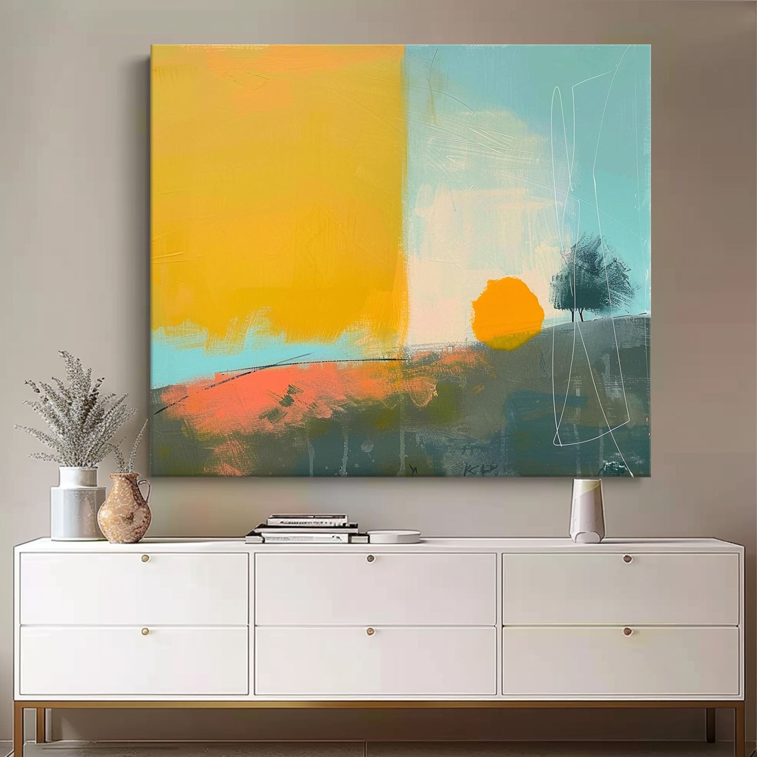 Modern Vibrant Colorful Sunset Natural Artwork Abstract Landscape Oil Painting Texture Acrylic painting