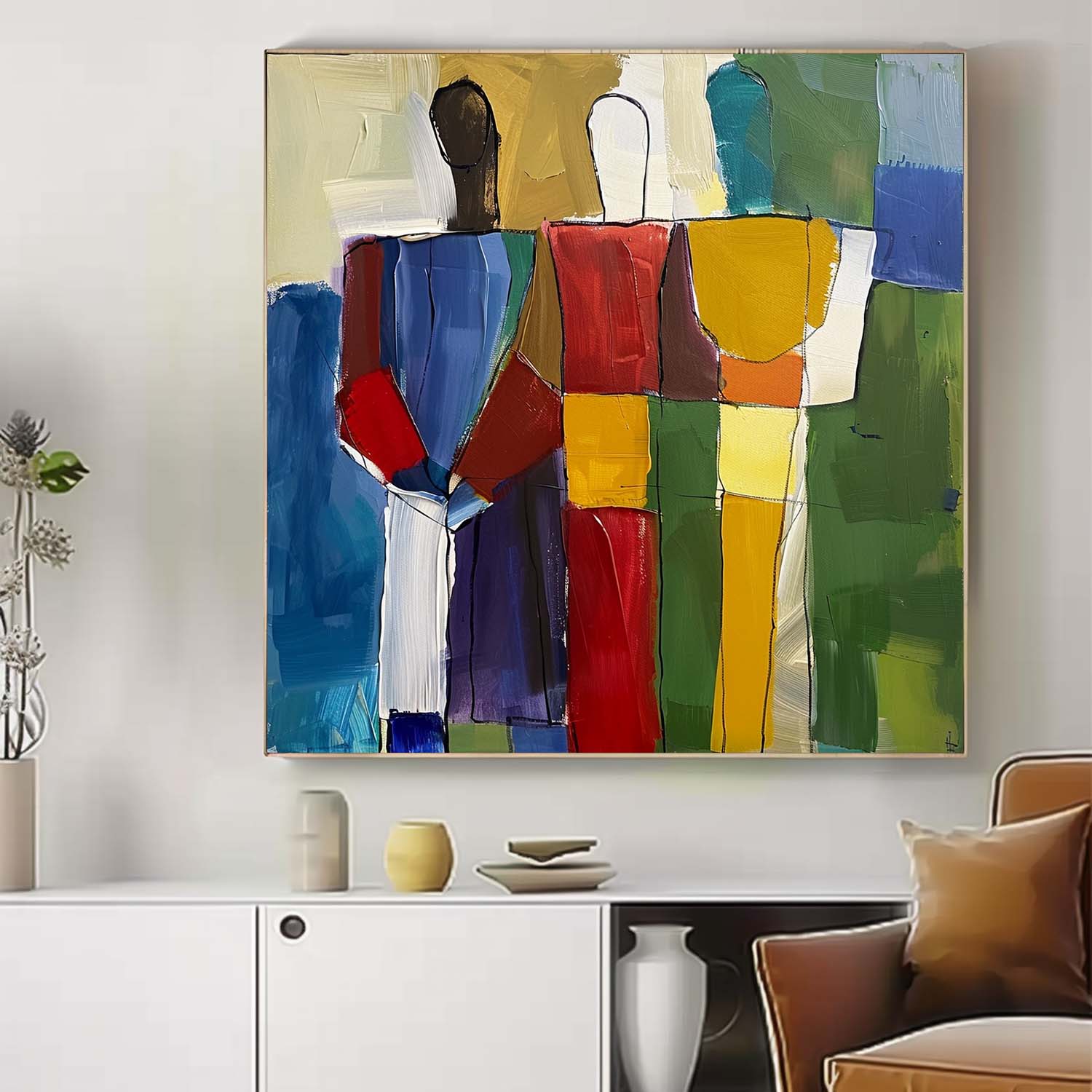 Colorful Abstract people's Wall Art Original Color Blocks Figure Painting Canvas Large Square Artwork Home Decor