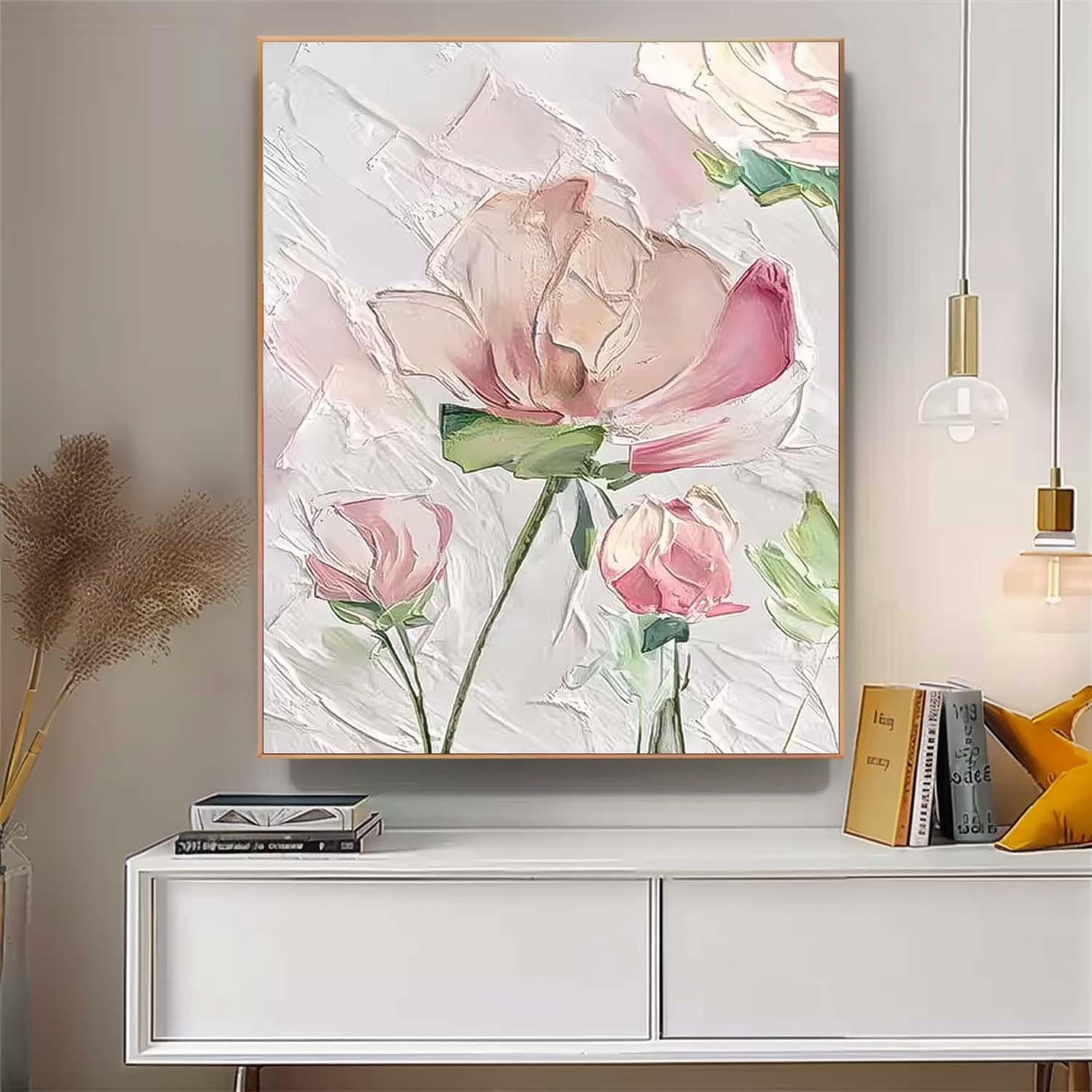 Abstract Pink Flower Oil Painting On Canvas Big Original Texture Beautiful Flowers Artwork Framed Home Decor