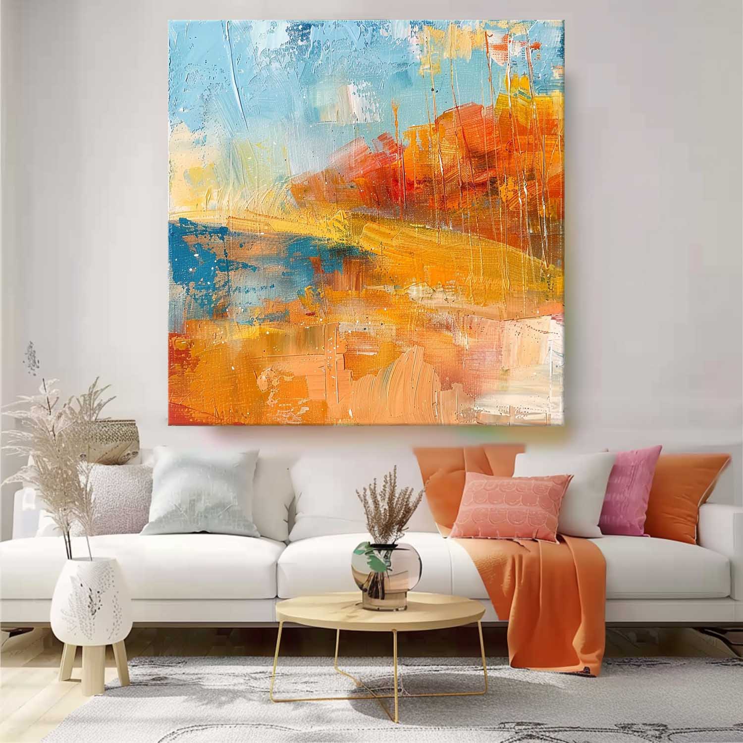 Square Orange Modern Nature Art Large Abstract Field Oil Painting On Canvas Original Wall Art Home Decor