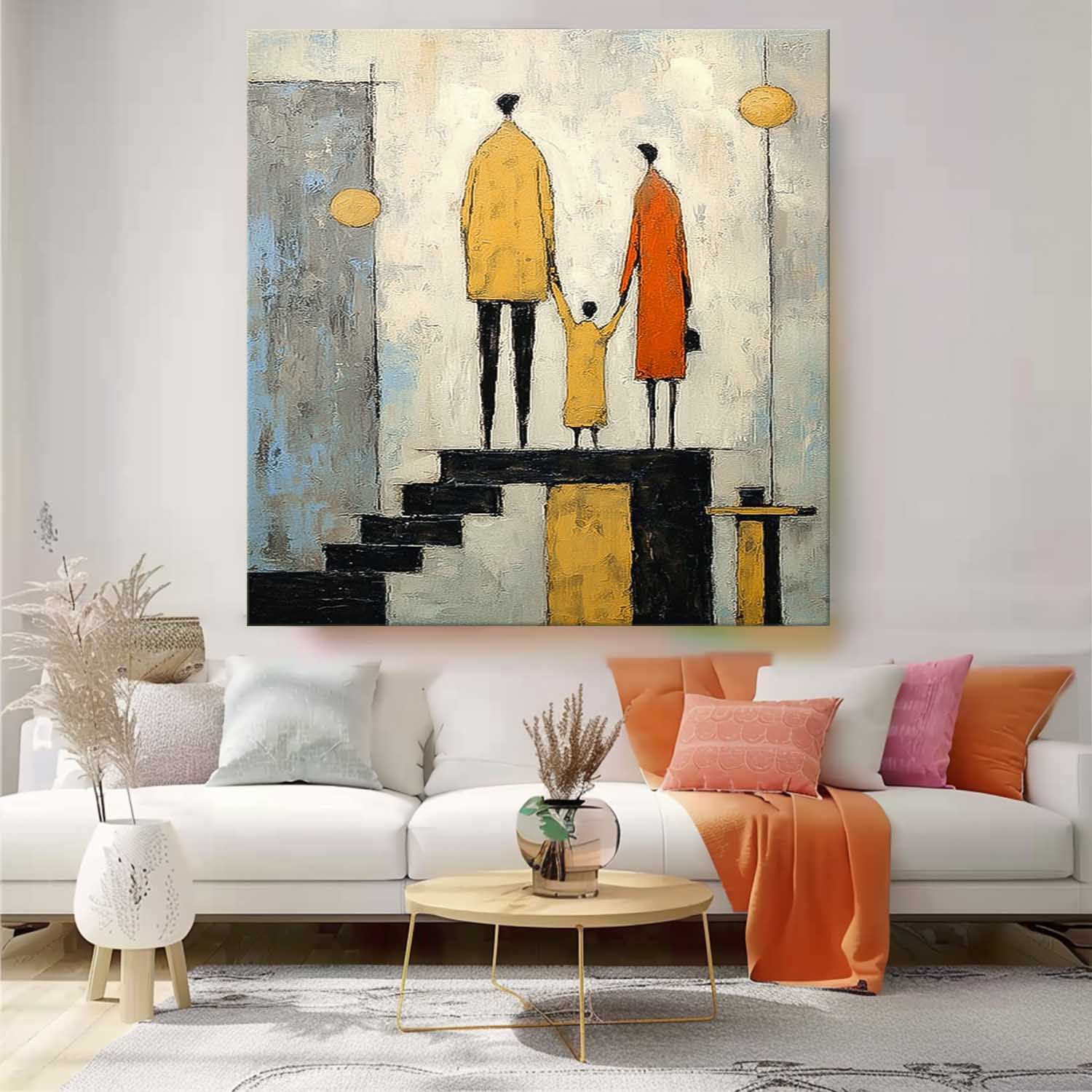 Square Original Neutral Background Oil Painting Minimalist Family Wall Art Modern City Silhouette Home Decor