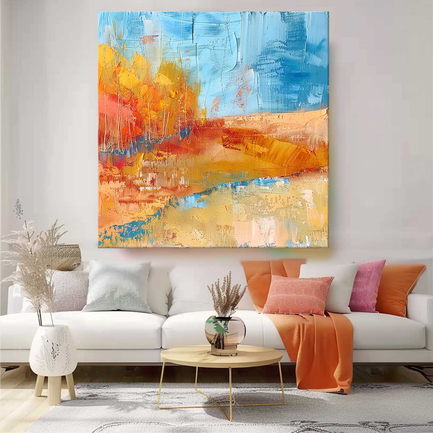 Large Abstract Field Oil Painting On Canvas Square Orange Modern Nature Art Original Wall Art Home Decor