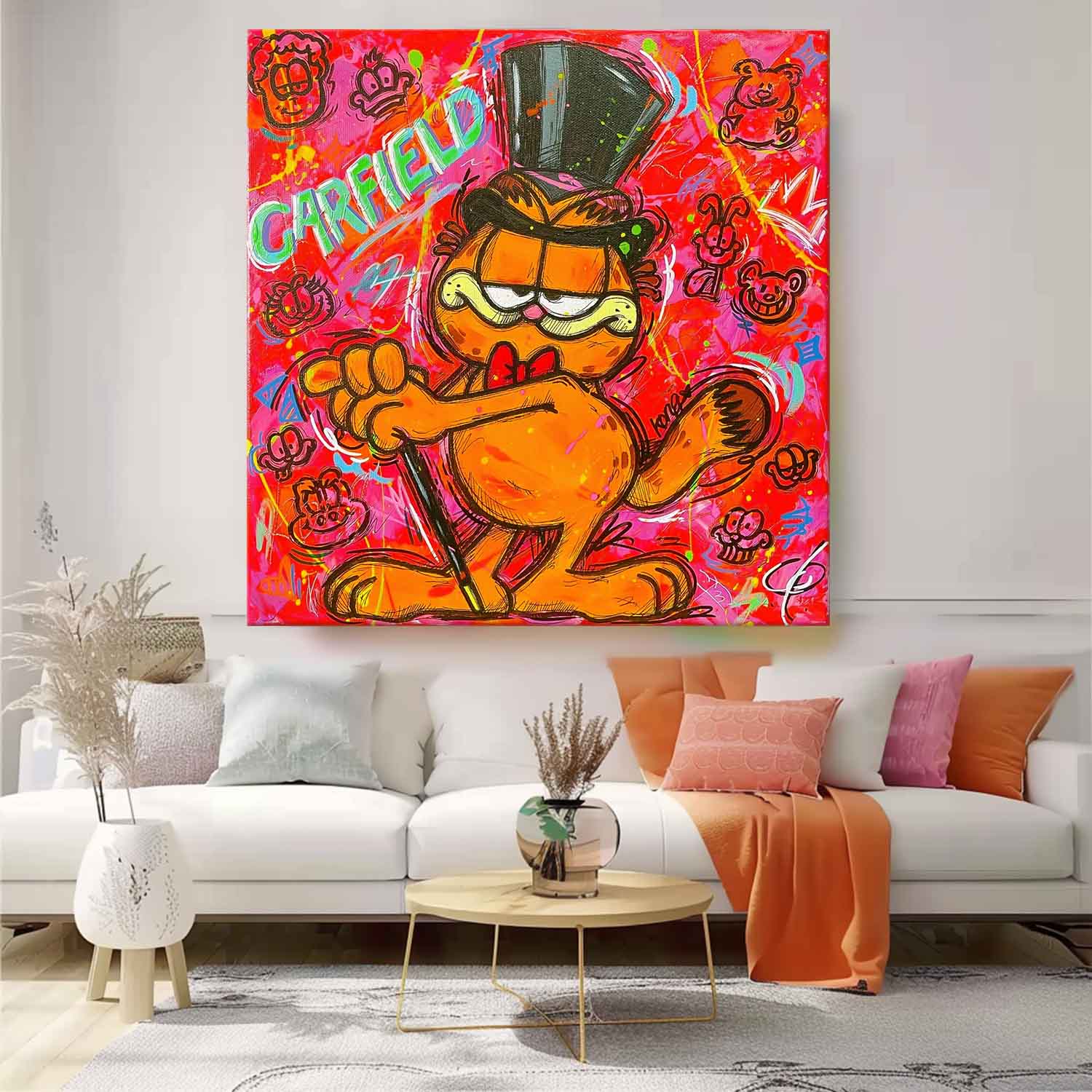 Original Lovely Cartoon Characters Wall Art Famous Garfield Oil Painting Canvas Large Animal Artwork