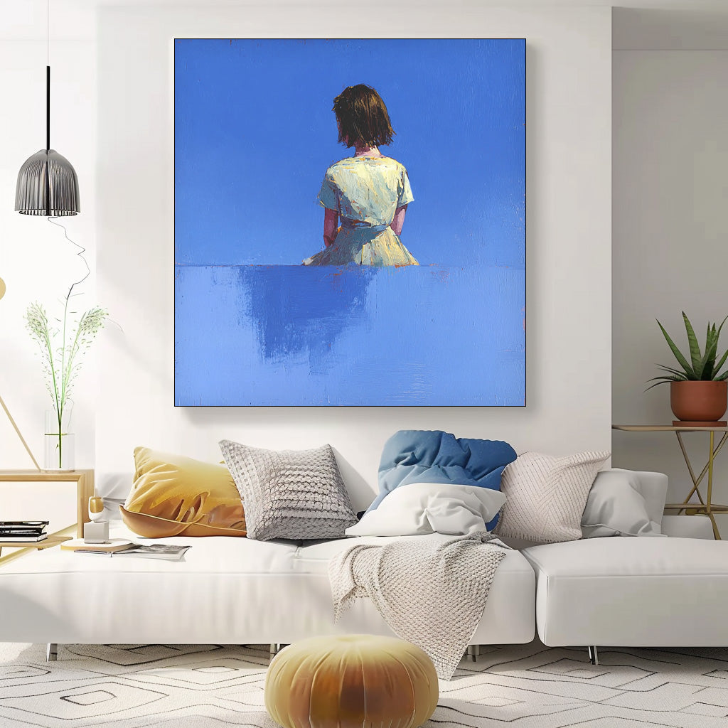 Abstract Warm atmosphere Art Minimalist Girl Back View Painting Original Blue Wall Art For Living Room