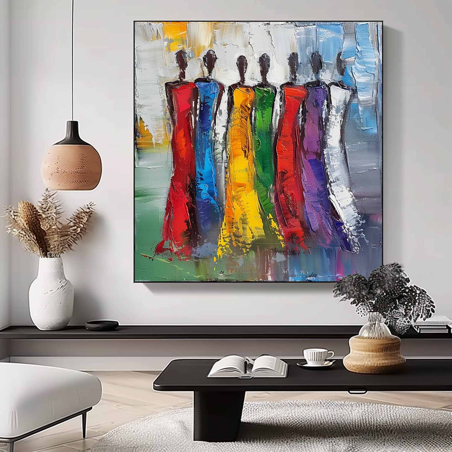 Colorful Abstract people's Wall Art Original Woman Character Outline Painting Canvas Large Square Artwork