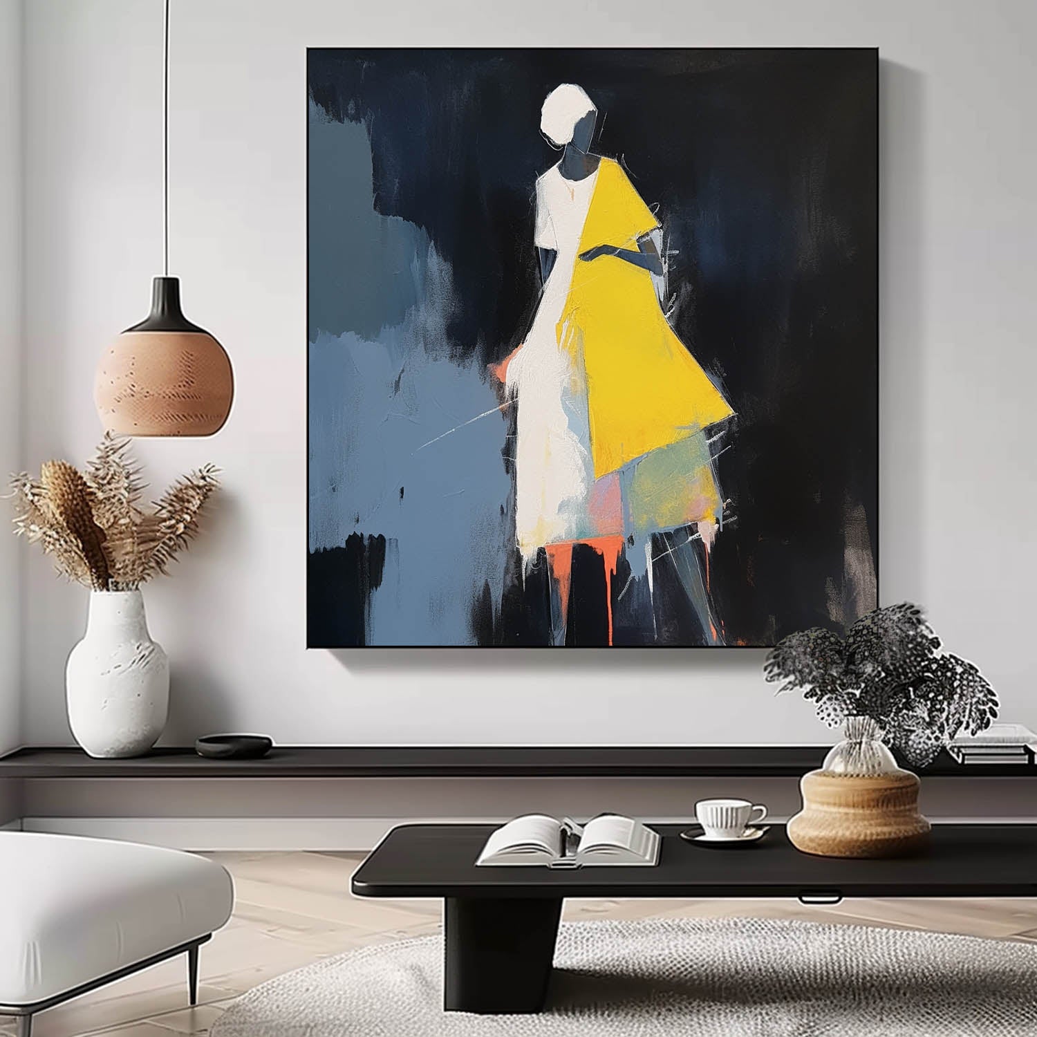 Black And Yellow Abstract people's Wall Art Original Character Outline Painting Canvas Large Square Artwork