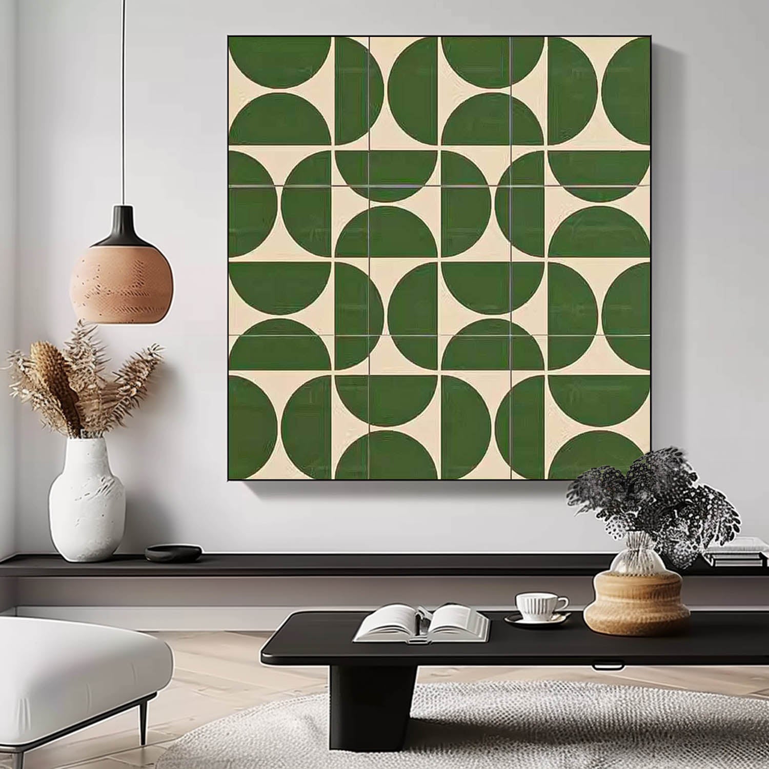 Green Geometry Modern Minimalist Canvas Acrylic Painting Large Regular Semicircle Abstract Wall Art Framed