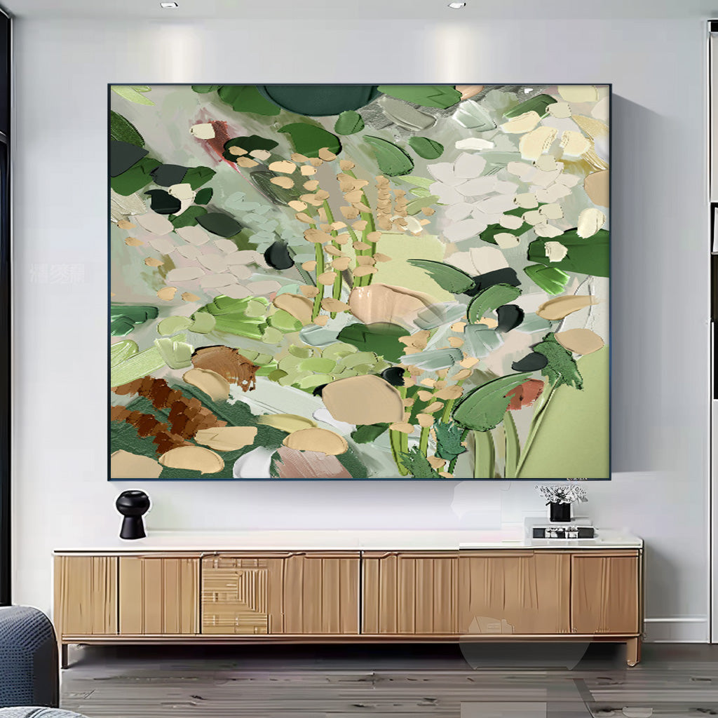 Horizontal Flower Texture Artwork Original Abstract Green Leaves Oil Painting On Canvas Home Decor Gift