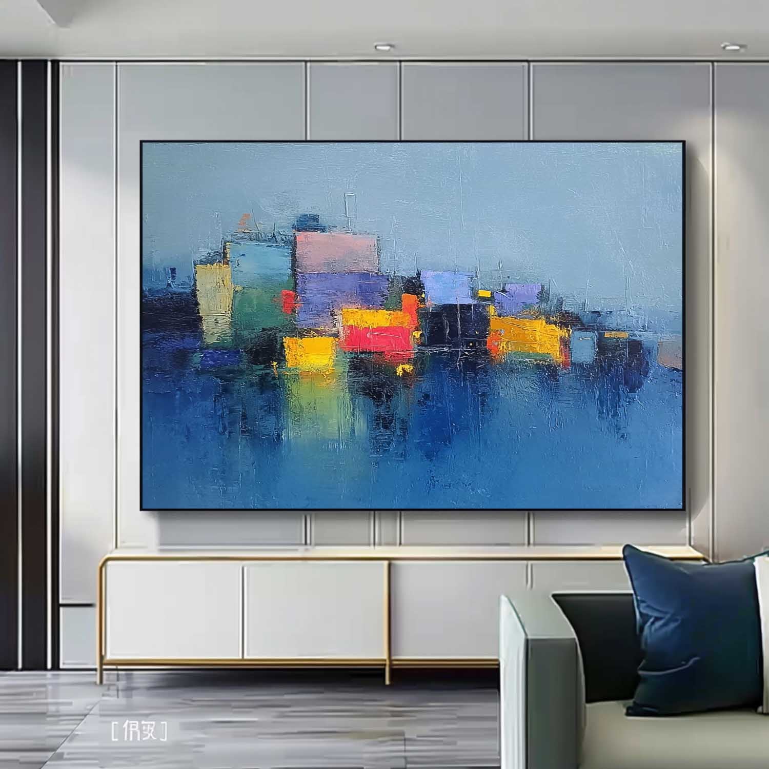 Modern Abstract Cityscape Oil Painting Large Texture Painting On Canvas Blue Wall Art Living Room Decor